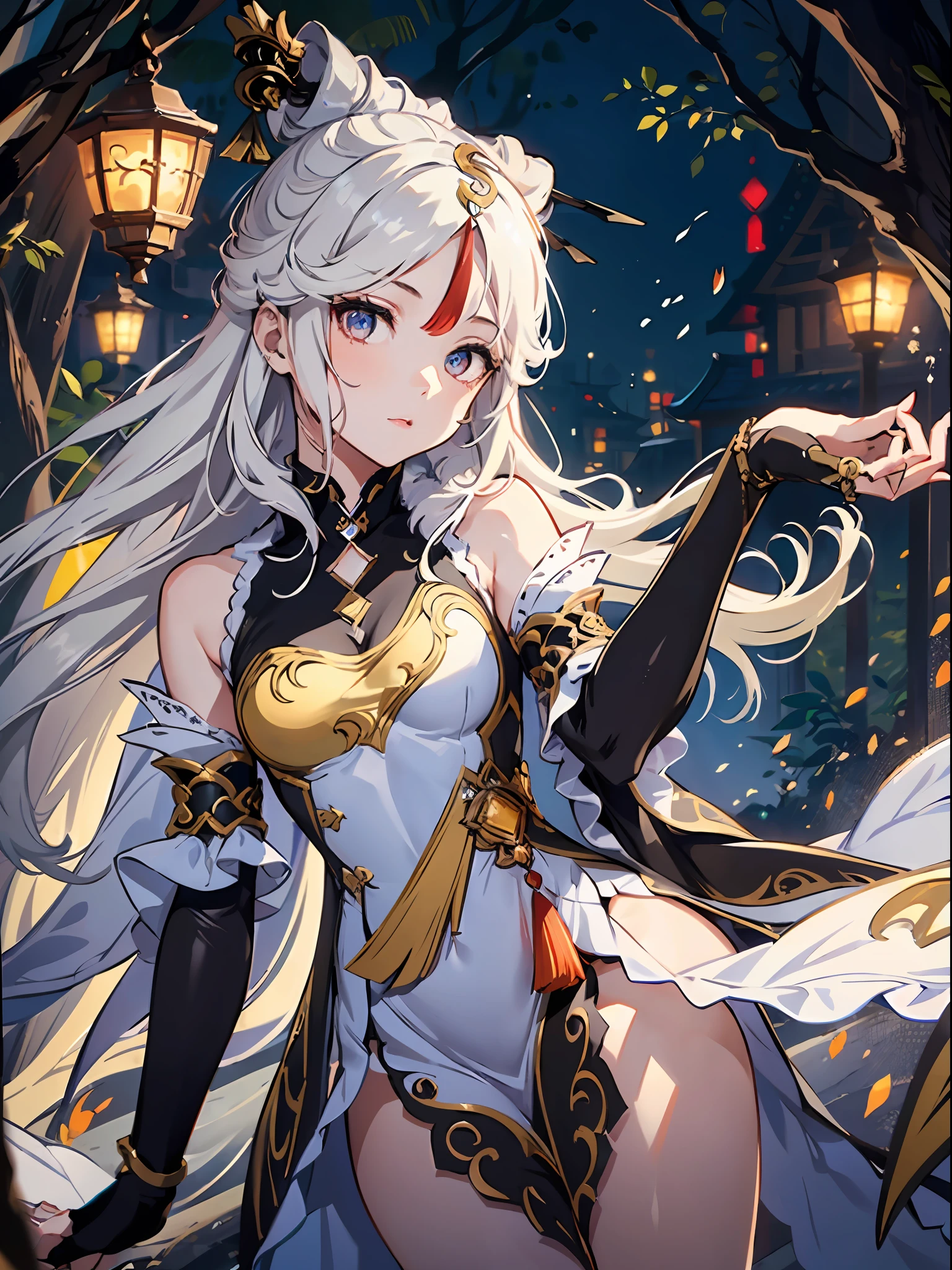 1girl, (solo:1.2), ((masterpiece)), [slim], (small chest), pale skin, ((detailed eyes)), (bokeh effect), (dynamic angle), dynamic pose, ningguangdef, white hair, long hair, white dress