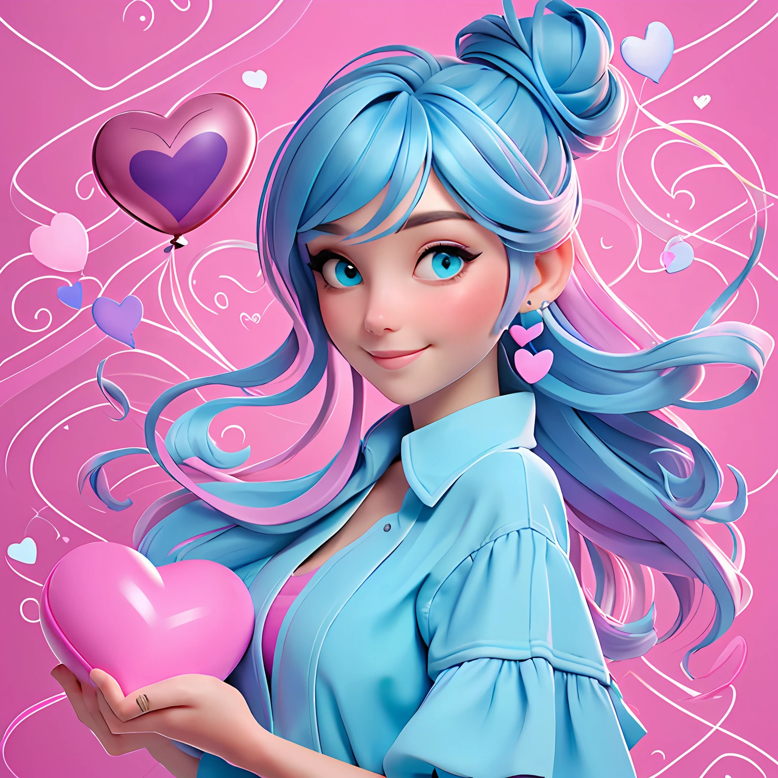 A woman holds a colorful heart-shaped balloon. Her hair is stuck in a messy bun. The background is filled with a pastel shade of light blue, evoking a sense of lightness and happiness.