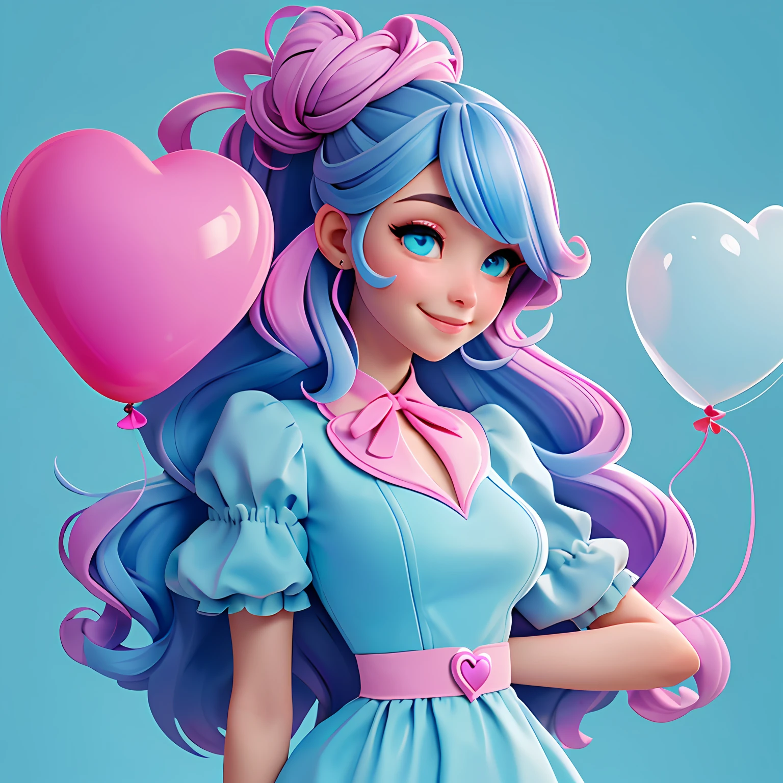 A woman holds a colorful heart-shaped balloon. Her hair is stuck in a messy bun. The background is filled with a pastel shade of light blue, evoking a sense of lightness and happiness.