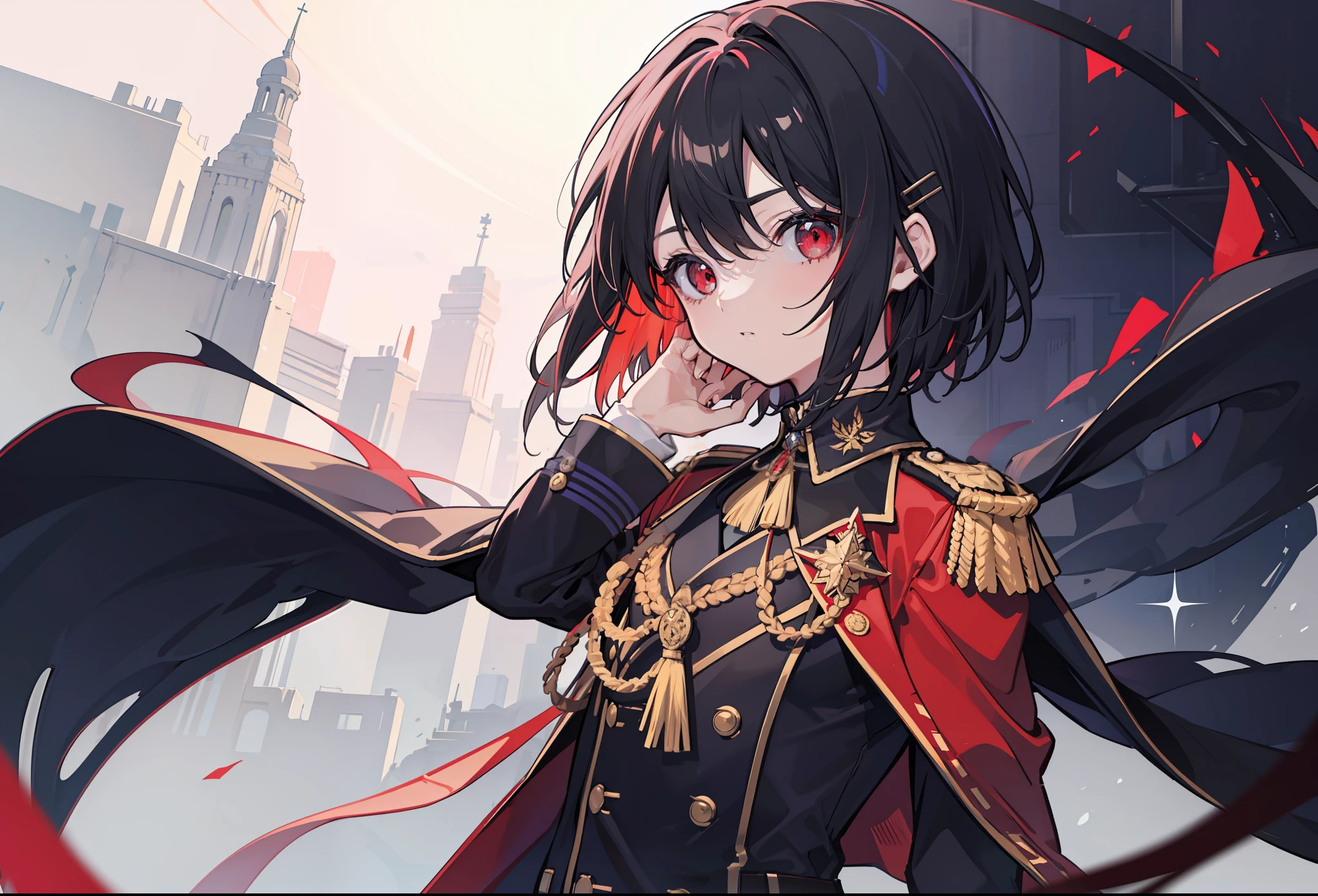 Short hair, Black hair, Flat chest, 1girll, Red eyes,teens girl,hair pin,Solo, A high resolution,(Prussian military uniform)