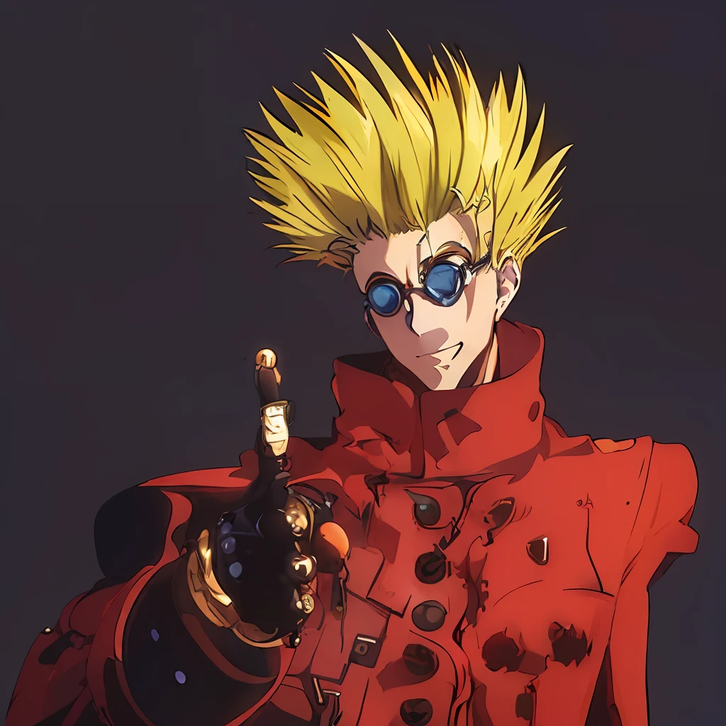 ((1man)), (Vash Stampede), yellow hair, blue eyes, (long red coat), black trousers, yellow eyewear, circle eyewear, standing, portrait, desert background, (masterpiece, best quality, extremely detailed CG, beautiful detailed eyes, ultra-detailed, detailed face, detailed shadows, ambient occlusion, intricate details),