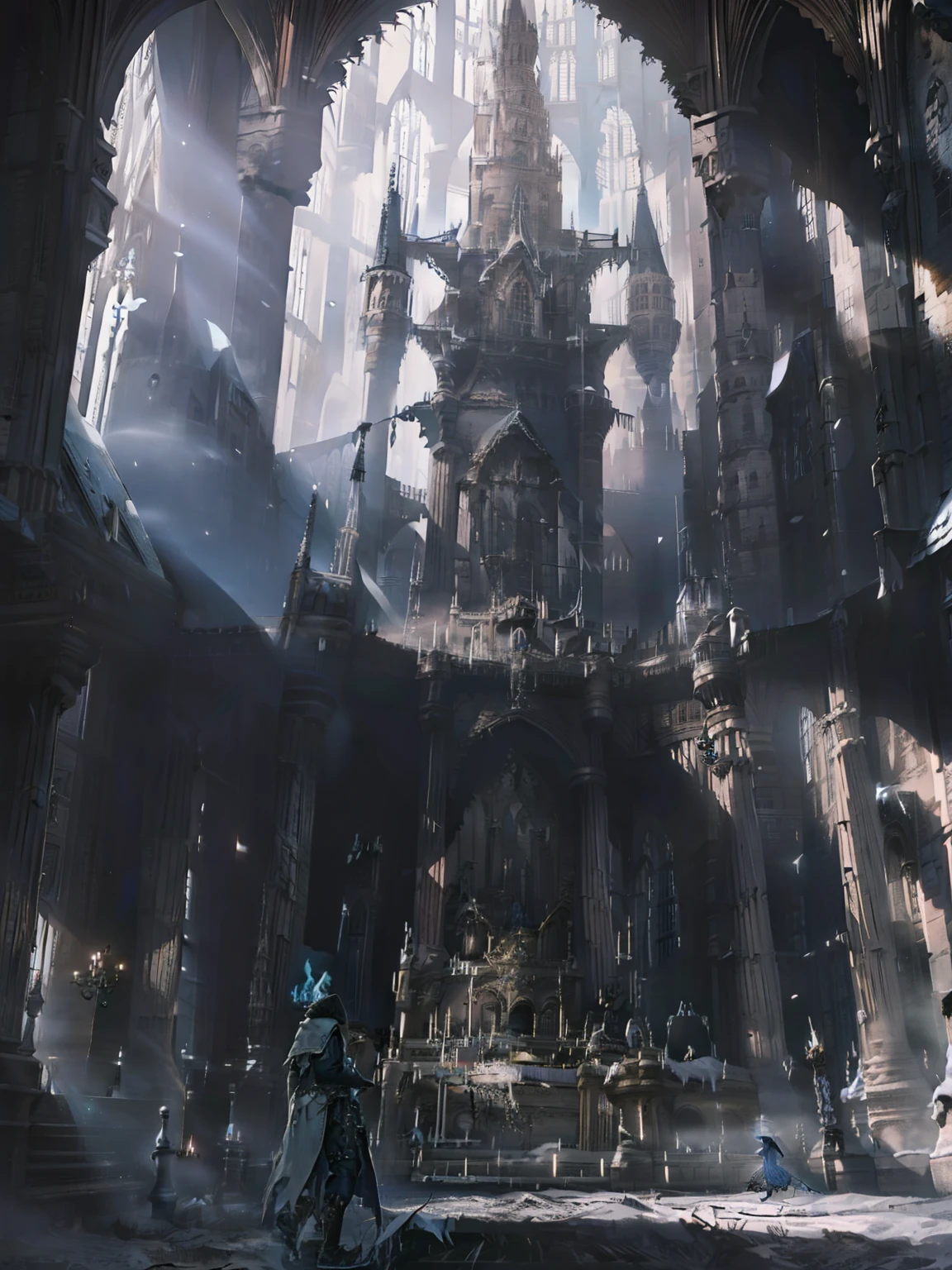 Gothic hall on fire blue of ghost miasms dark fantasy dark lighting snow wind 8k