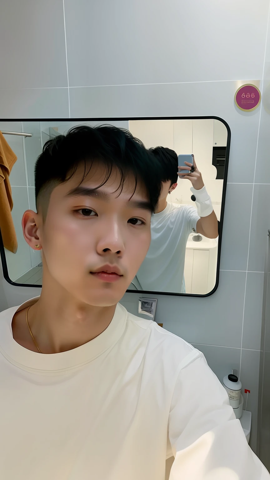 there is a man taking a selfie in a bathroom mirror, 2 2 years old, 2 3 years old, yanjun cheng, 21 years old, 2 7 years old, Cai Xukun, 18 years old, 8k selfie photograph, 2 8 years old, 2 4 years old, hong june hyung, South Korean male, 1 6 years old