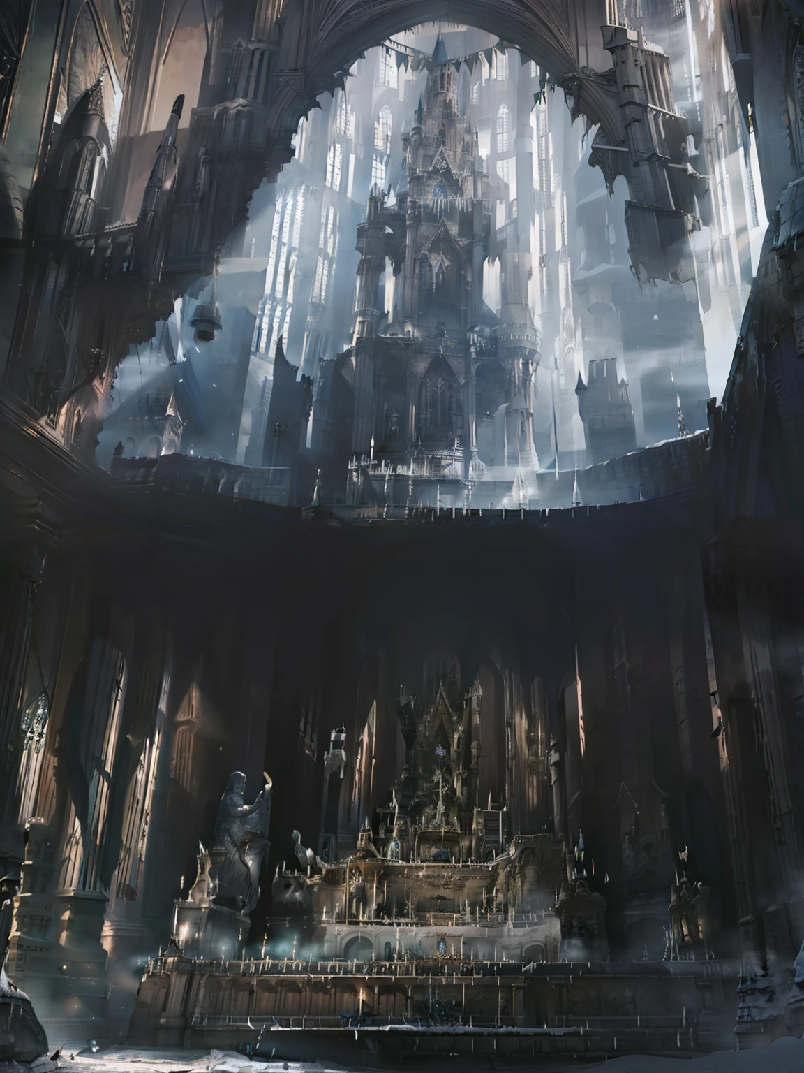 Gothic hall on fire blue of ghost miasms dark fantasy dark lighting snow wind 8k