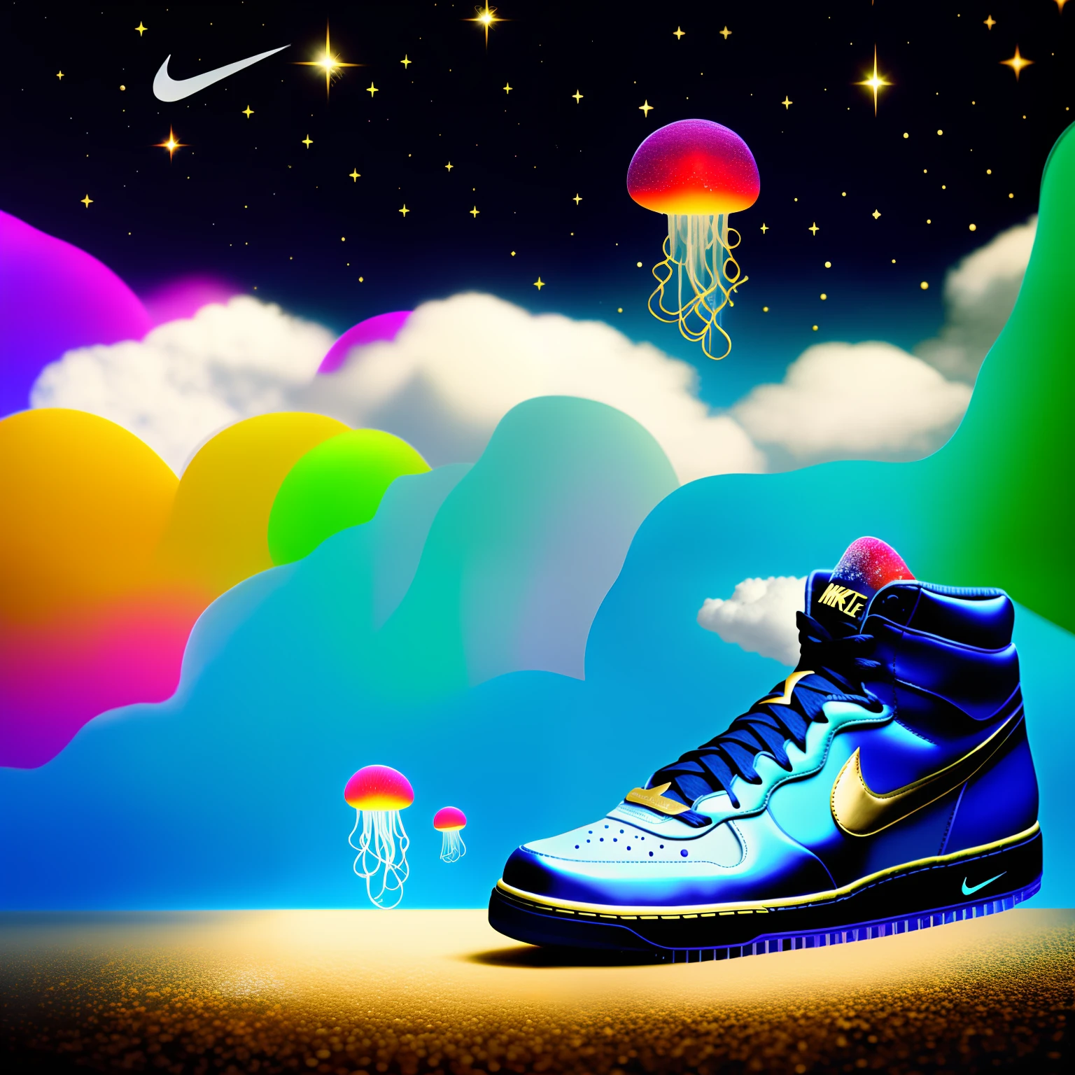 a stunning interpretation of nike high heel shoe sneaker, made of jellyfish, ads, solarpunk, highly detailed and intricate, Golden ratio, Very colorful, hypermaximalist, opulent, luxury goods, Gorgeous crystal palace, CG rendering European style, Overlooking, children's storybook, rose surround, Efeito de Luz, Heavenly, Starry sky, Super detail, illustration, 4K, illusory engine, ethereal cloud, HD..