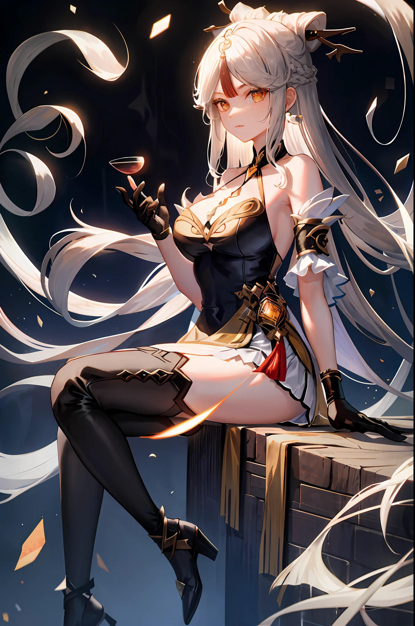Ningguang, genshin impact, 1girl, alcohol, alternate costume, armlet, bare shoulders, black background, black dress, black gloves, black thighhighs, breasts, cleavage, criss-cross halter, cup, dress, drinking glass, flower, gloves, gradient background, hair between eyes, hair ornament, halterneck, holding, holding cup, large breasts, long hair, braid hair, looking at viewer, silver hair, silver short nails, see-through gloves, solo, thighhighs, thighs, wine, wine glass, ((masterpiece)) black pleated skirt, sitting,