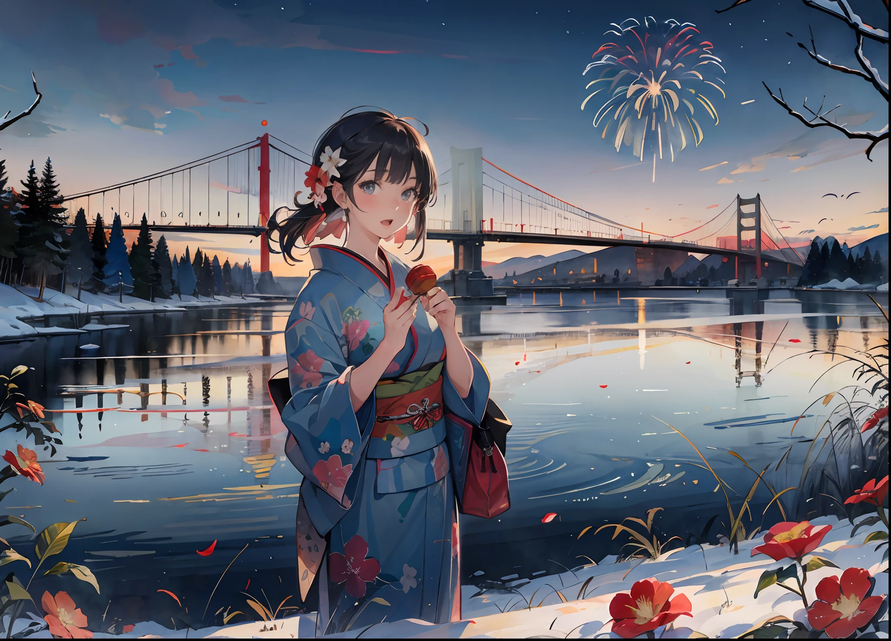 (Masterpiece, Top quality, Best quality,aquarelle (mediating),offcial art, Beautiful and aesthetic:1.2),Japanese clothes, komono, Multiple girls, hair adornments, hair flower, candy apple, flower, Fireworks, Outdoors, Black hair, Blue eyes, view the viewer, Obi, sash, Open mouth, blue kimono, (Night:1.4), Holding, solofocus, Ccup, Long hair, food, bathrobe, bangs, Blush, Building, Estampados florales, winter, Red flower, standing, Snow, bag, Short hair, New Year