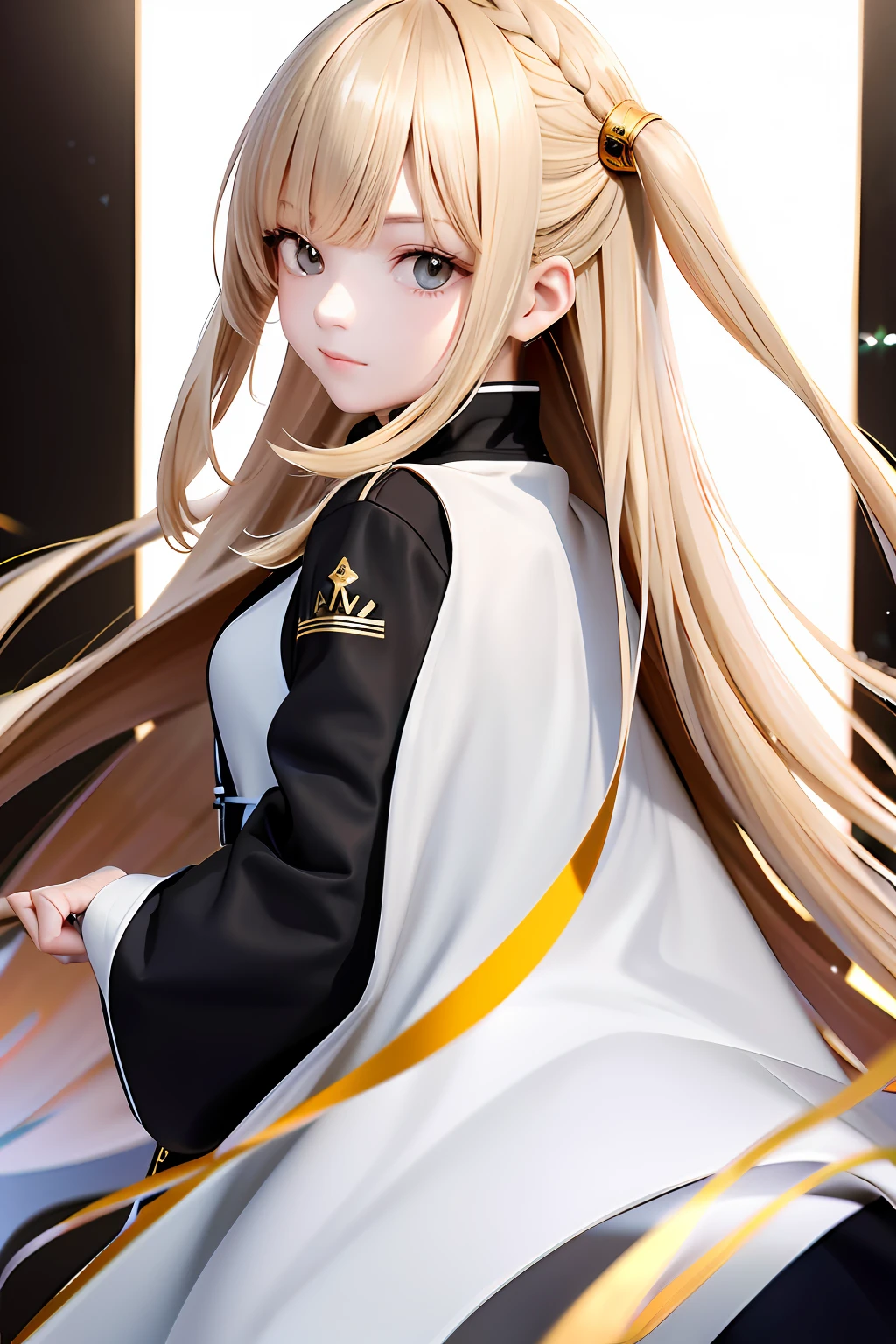 Need,tmasterpiece,Ultra high quality,超高分辨率,whaite hair,Golden eyes,Manteau blanc,Look back at the hair,Fair skin,SideBraid
