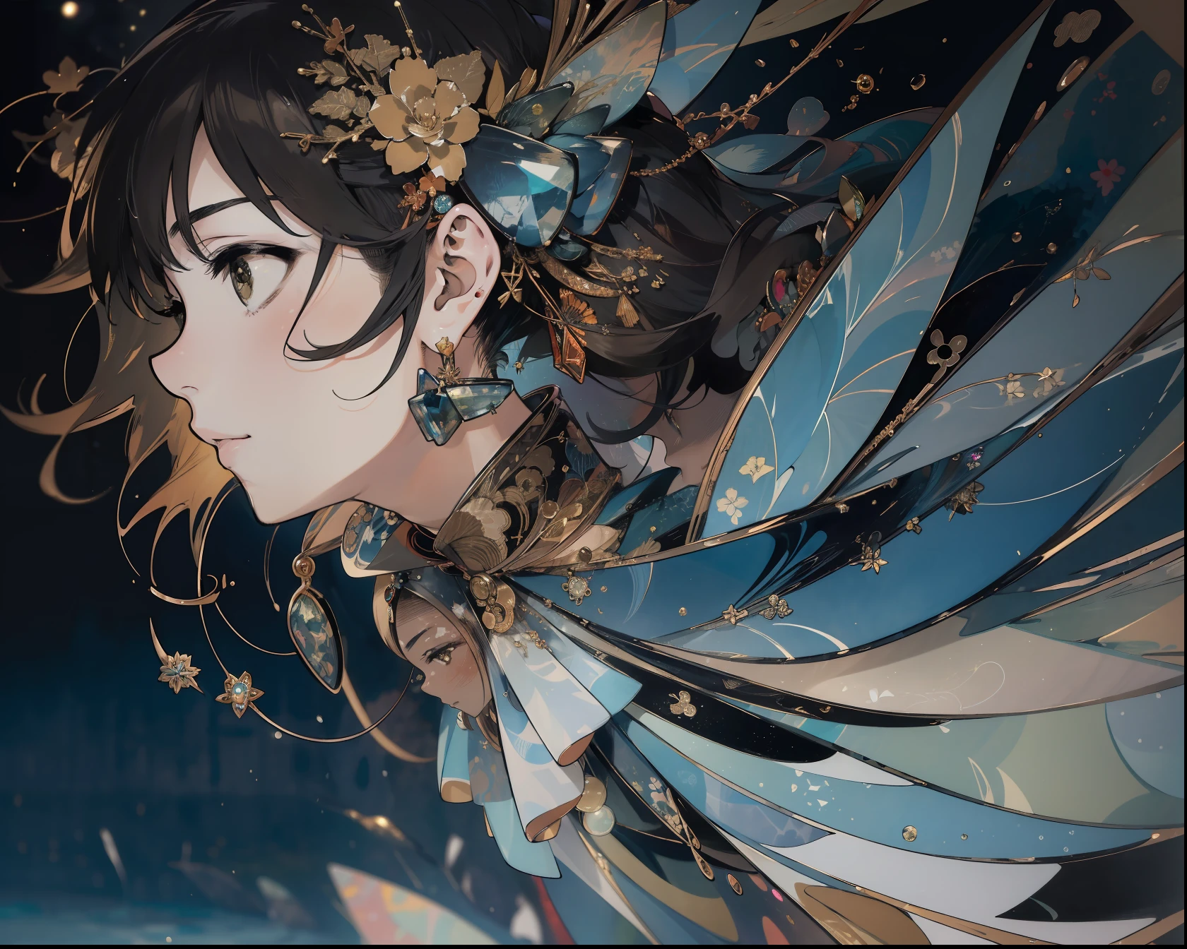 (Abstract art:1.3), (Yuko Shimizu's style:1.2), Dark theme, Night aesthetics, 1girll, (jewelry:1.1), Gemstone rings, Side view, Masterpiece, Best quality, 超高分辨率, Award-winning art, Beautiful, Gorgeous