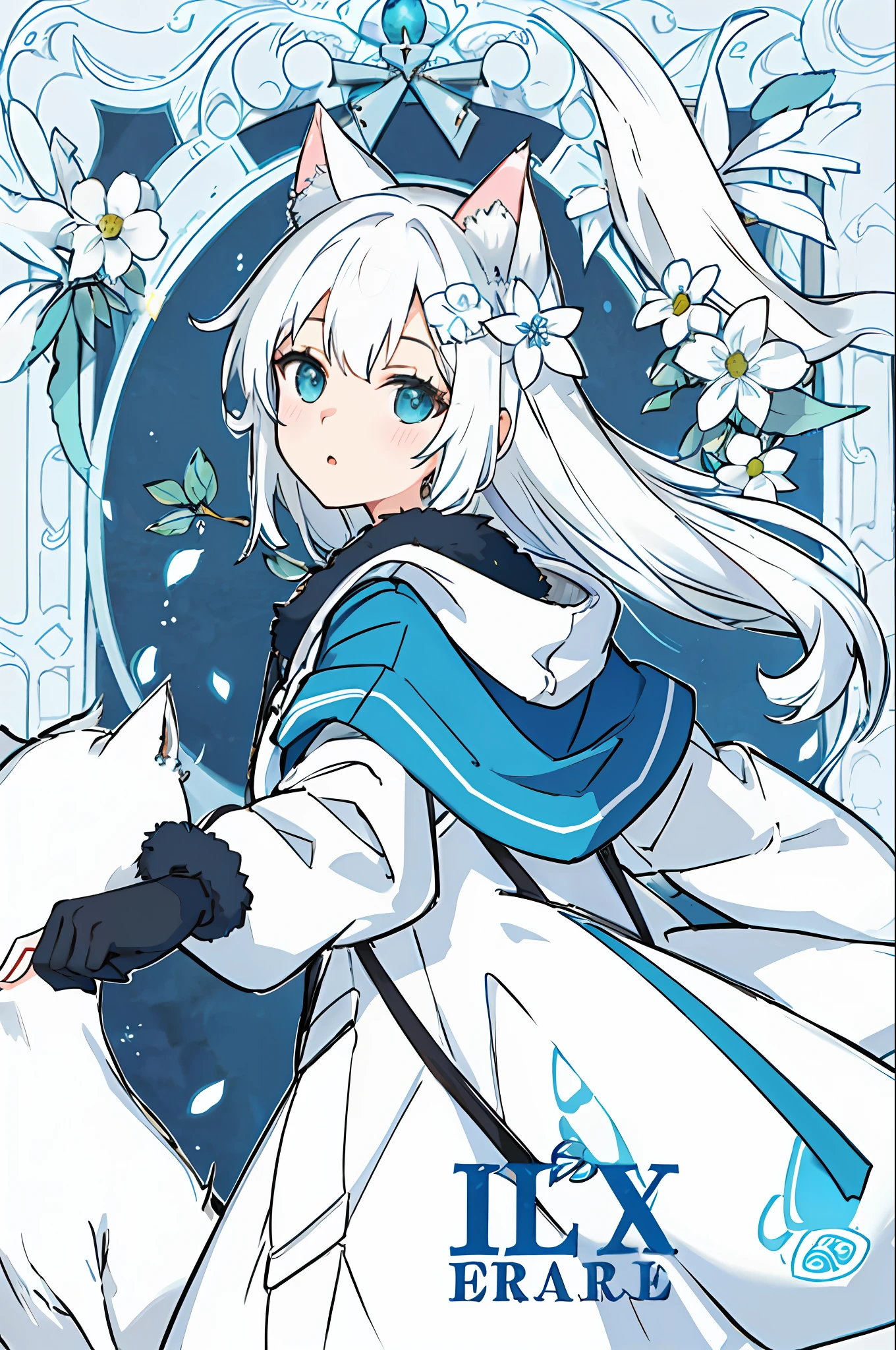 {{{masterpiece}}},{{{best quality}}}, looking at viewer, white hair, long hair, hair ornament,loose coat, cute, white flower, parted ,background,dynamic angle, ,Cat ears ,{{Blue pick dye}},*********** , white legwear,upper body,paw gloves,looking back