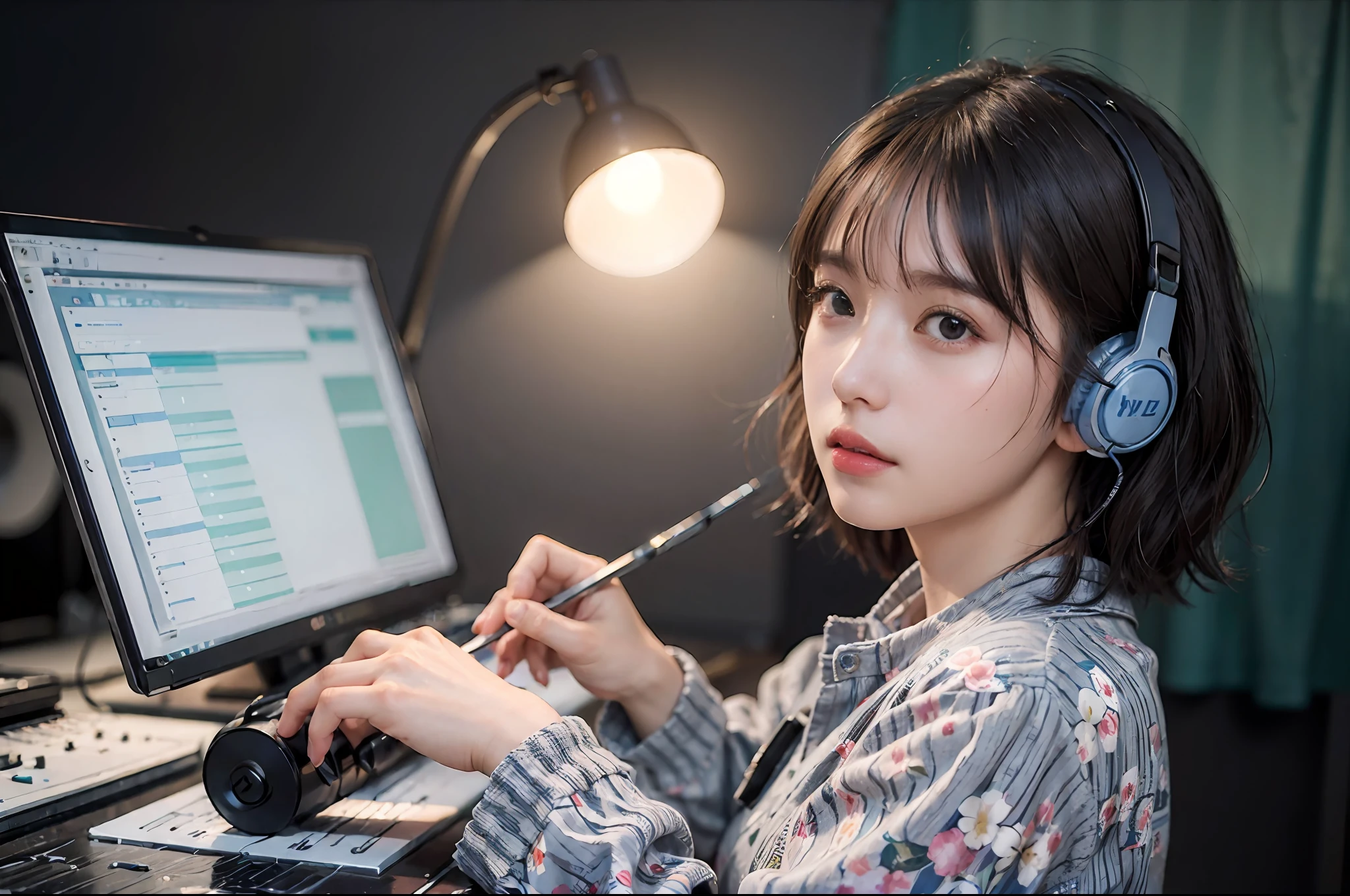 Best Quality, masutepiece, (Photorealistic:2), Ultra High Resolution, Highly detailed, A hyper-realistic, 1girl in, ((head phone)), (Longer dress), Floral pattern, colourfull_hair、(((very_Short_hair))), Short hair, Slim body, Full Shot, Looking at Viewer, ((Music Studio)), Bright atmosphere, spot light, Detailed background