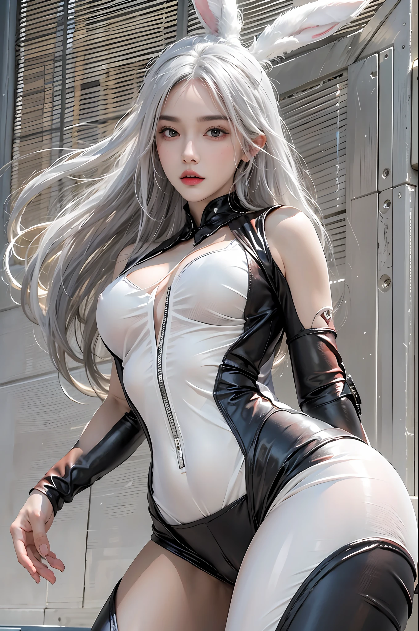 photorealistic, high resolution, 1women, solo, hips up, look at viewer, (detailed face), white hair, long hair, black reverse bunnysuit