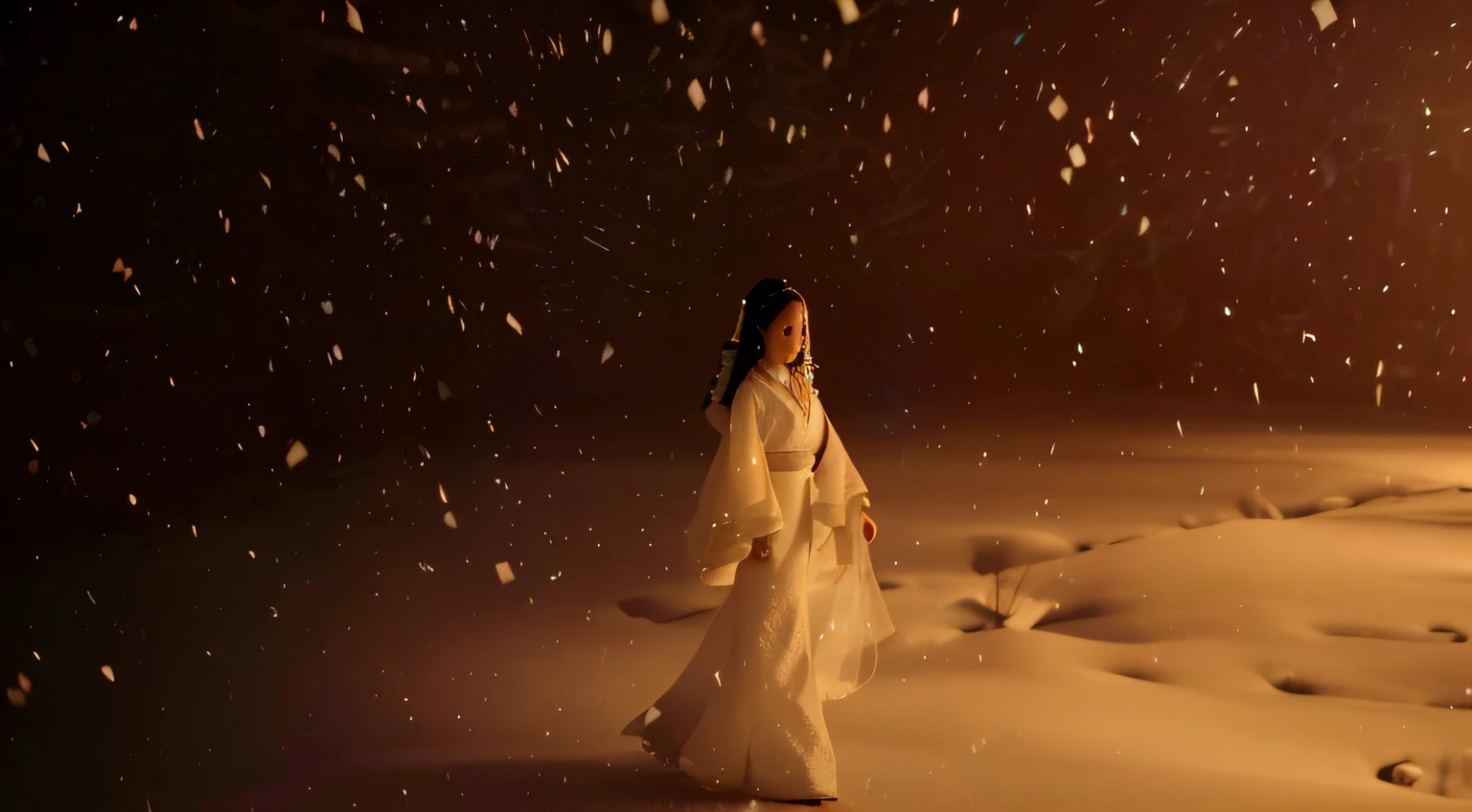 There was a woman in a white dress walking around in the snow, Lens flare Blizzard, cinematic goddess shot, perfect lighting in a snow storm, a still of an ethereal, dreamy atmosphere and drama, Palace ， A girl in Hanfu, stunning cinematography, inspired by Yun Du-seo, beautiful cinematography, Inspired by Tang Yifen, inspired by Liu Haisu, Light snowfall