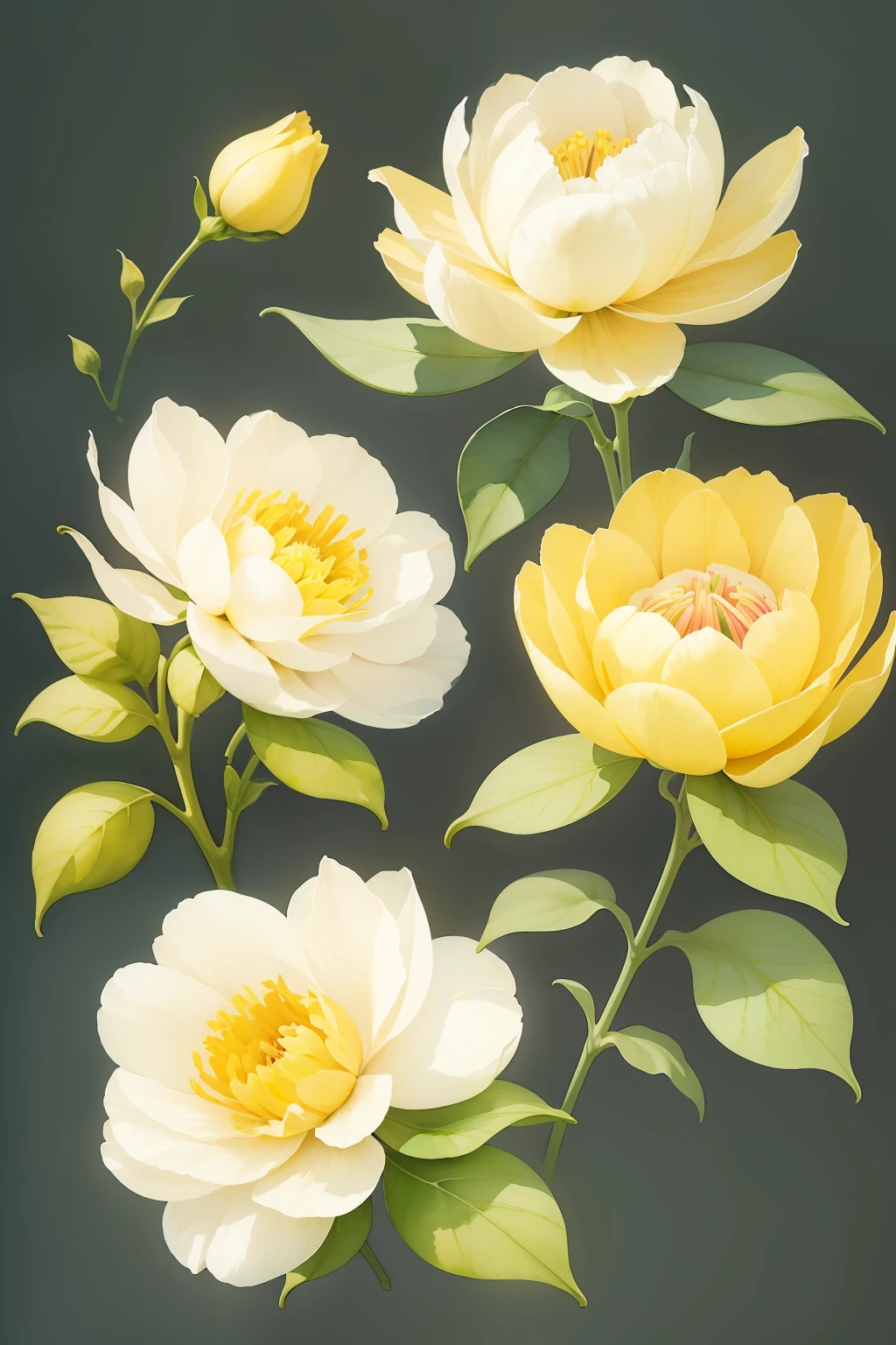 Watercolor pattern of beautiful flowers, White peony flowers，lemons，daffodil，Lemon tree，With laughter, Calm colors in #3b4195 color background. Watercolor paper texture
