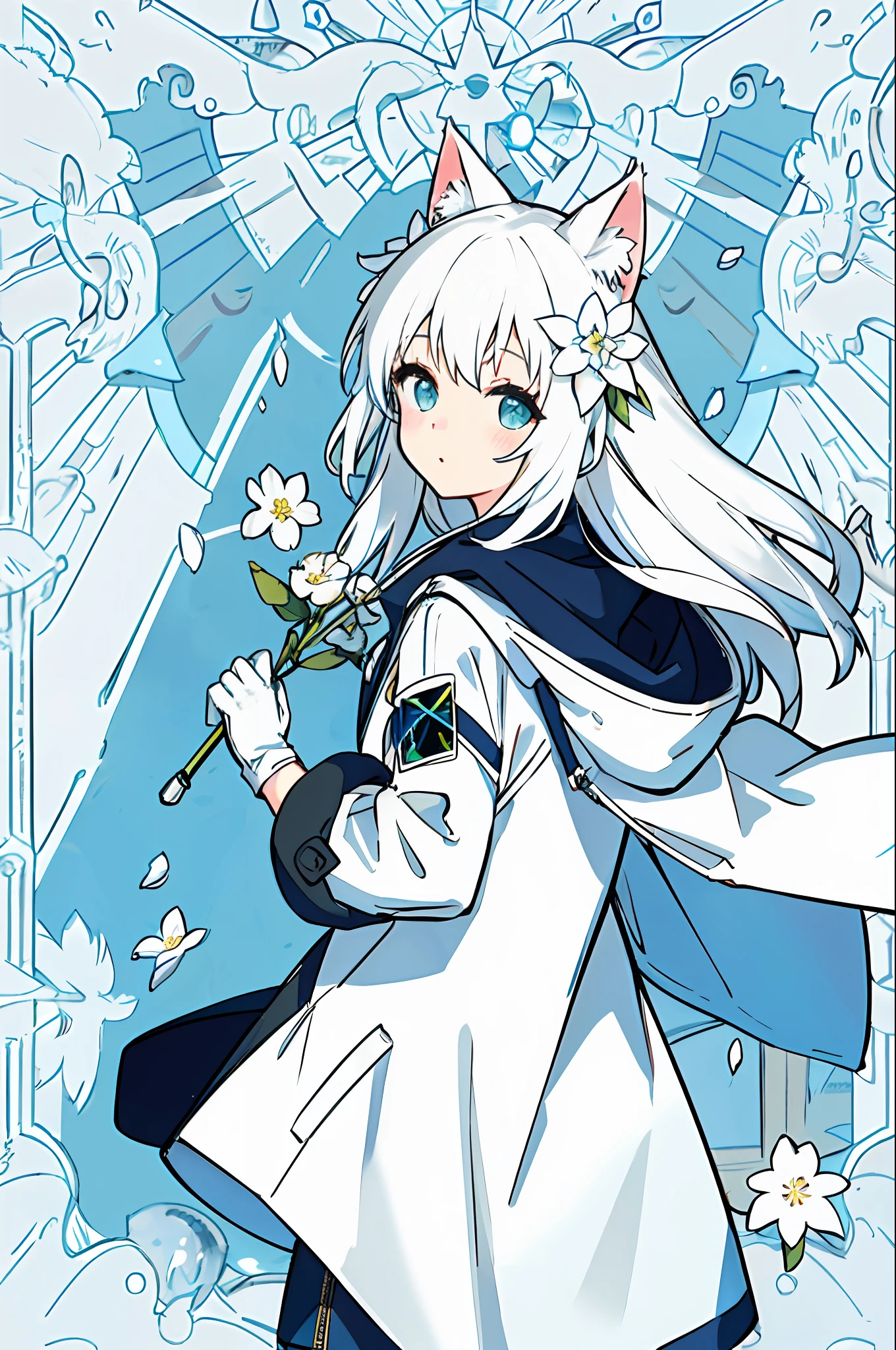 {{{masterpiece}}},{{{best quality}}}, looking at viewer, white hair, long hair, hair ornament,loose coat, cute, white flower, parted ,background,dynamic angle, ,Cat ears ,{{Blue pick dye}},*********** , white legwear,upper body,paw gloves,looking back