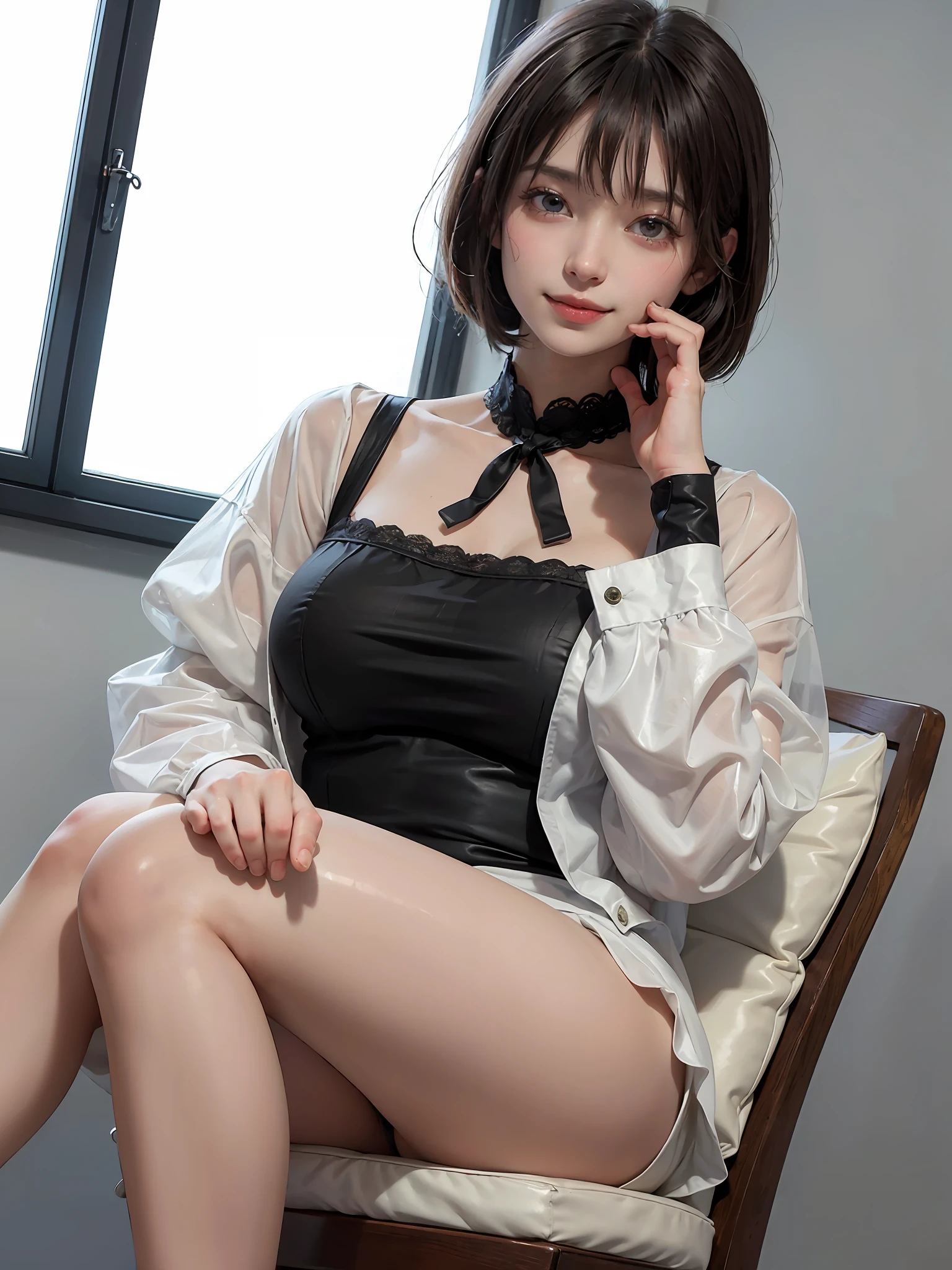 (8K picture quality、top-quality、masterpiece:1.6、Look firmly at the camera)、(realisitic、Photorealsitic:1.6)、ultra-detailliert、1 female、the neck is long、Put your ears out、Very tall supermodel:1.3、cute little、Beautie、spotless、独奏、Beautiful detailed sky、Detailed Cafe、sitting on、(Nasal blush)、 (A smile:1.3)、(a closed mouth)、Colossal tits、Fine and beautiful eyes、(shirt with collar:1.1)、Wet、Transaction service、White lace、(The face of the golden ratio:1.4、Cute short hair with black hair bangs,:1.2)、Float NovaFrogStyle、Fromside:1.3、face perfect、Perfect fingers、Perfect body、perfect hand、Perfect Anatomy
