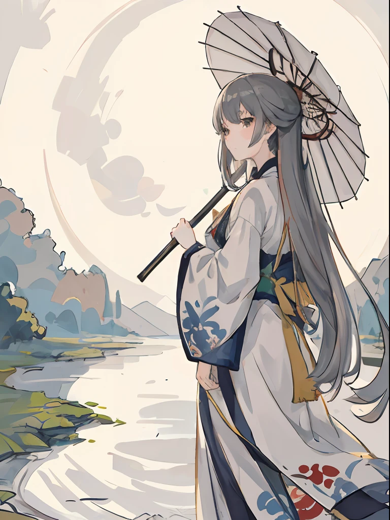 ((4K,Masterpiece,Best quality)), shuimobysim, (Traditional Chinese painting), SakuraNS, Hanfu, maxikit, Dress conservative 1 woman,Beautiful, 独奏, Gray hair and long hair,white colors, white crane,oil-paper umbrella,full moon,Small pond,High hills