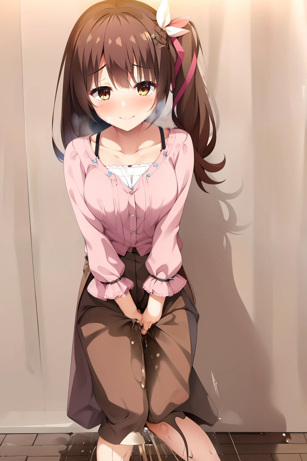 1girl, sora_indoor, solo, star hair ornament, hair ornament, brown hair, star (symbol), skirt, ribbon, hair ribbon, long hair, shirt, brown eyes, cowboy shot, smile ,looking at viewer, white shirt,, hair flaps, bracelet, side ponytail, long skirt, (brown skirt:1.45), pink ribbon, collarbone, jewelry, shoes, blush, hairclip, bangs, pink blouse, plaid, socks, long sleeves, camisole,  large breasts, standing, outdoors, park, spring, ((((her defecation accident)))), ((((her fecal leakage accident)))), concept, pee, peeing self, wetting, wetting self, have to pee, pee stain, in skirt has pee stain, embarrassed, very sad(girl leaking pee), (Peeing self), have to pee, she peeing to much,(girl is peeing self:1.0) ((pee stain)), worried,puddle of pee at your feet