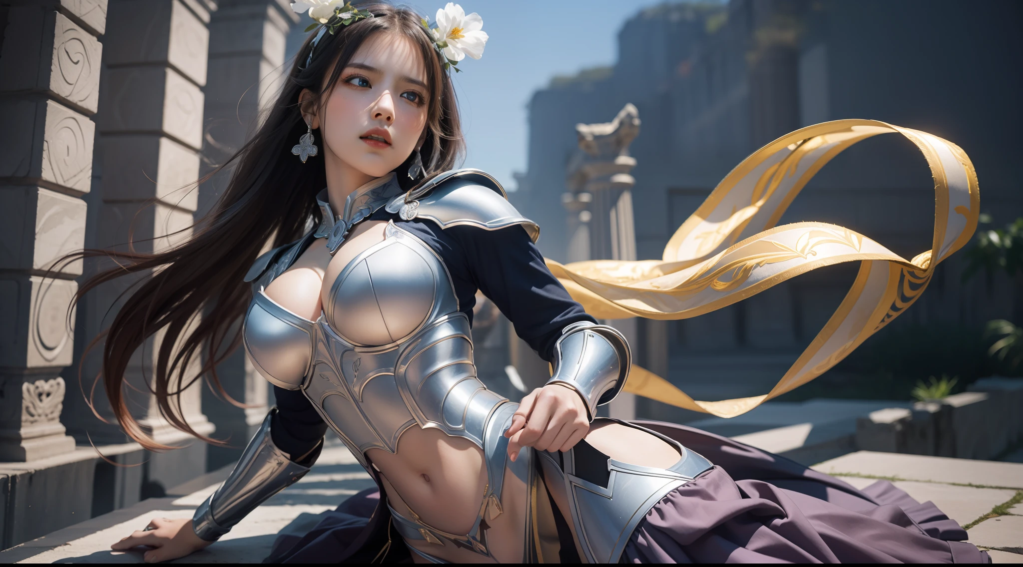 (Extremely detailed Cg Unity 8K wallpaper,Masterpiece, Best quality, Ultra-detailed, Beautiful detailed eyes:1.2),Best illumination, (Best shadow, An extremely delicate and beautiful, full bloom), 1girll,Solo,Large breasts,Heavy armor,complex patterns,Long hair,Film filter, Greek temple,dramatics,dynamicposes,illusory engine, (High detail: 1.9),Starcloud,the night,torchan,full body shot shot,Fighting posture,dramatics