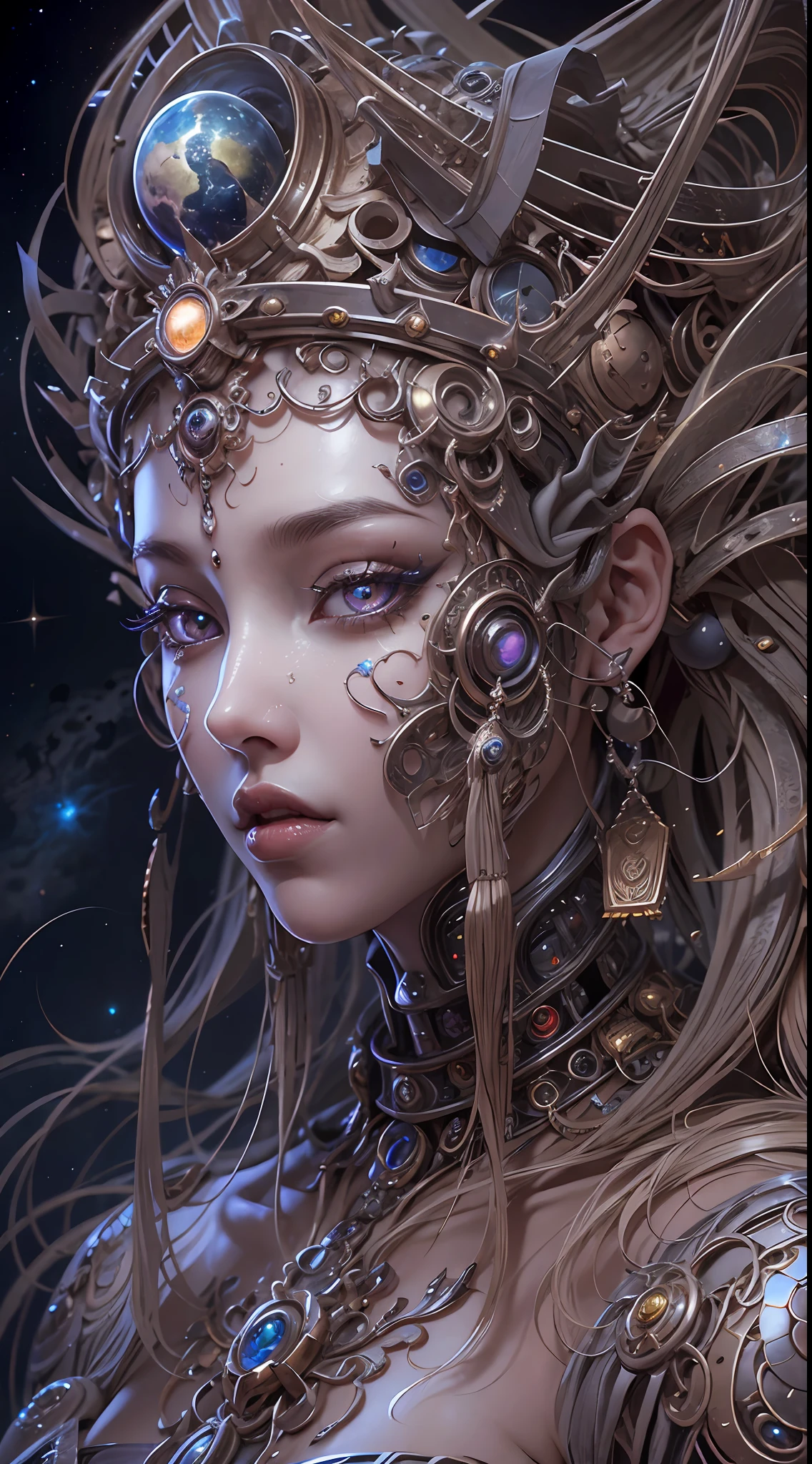 （best qualtiy，ultra - detailed，Most Best Illustration，Best shadow，tmasterpiece，A high resolution，professionalartwork，famousartwork），Detailed eyes，beautidful eyes，closeup cleavage，sci-fy，colored sclera，Robot eyes，face markings，Tattooed with，（fractalized，Fractal eyes），largeeyes，Wide eyes，（Eye focus），sface focus，Cosmic eyes，Space eyes，Close-up of metal sculpture of a woman with a moon in her hair，goddes。extremly high detail，3 d goddess portrait，Extremely detailed footage of the goddess，a stunning portrait of a goddess，Side image of the goddess，portrait of a beautiful goddess，Full body close-up portrait of the goddess，hecate goddess，portrait of a norse moon goddess，goddess of space and time