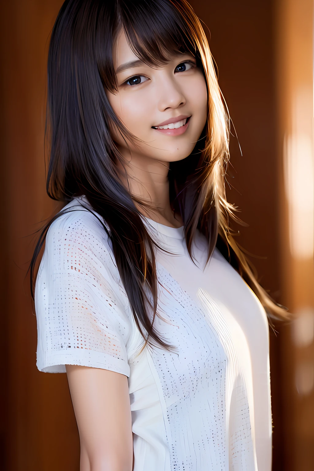 (8k, RAW photo, best quality, masterpiece:1.2), (realistic, photo-realistic:1.37), ultra-detailed, ultra high res,1 girl,looking at viewer,beautiful detailed face,smile,narrow,(slim waist:1.3),shirt, beautiful detailed skin, skin texture, floating hair,professional lighting,