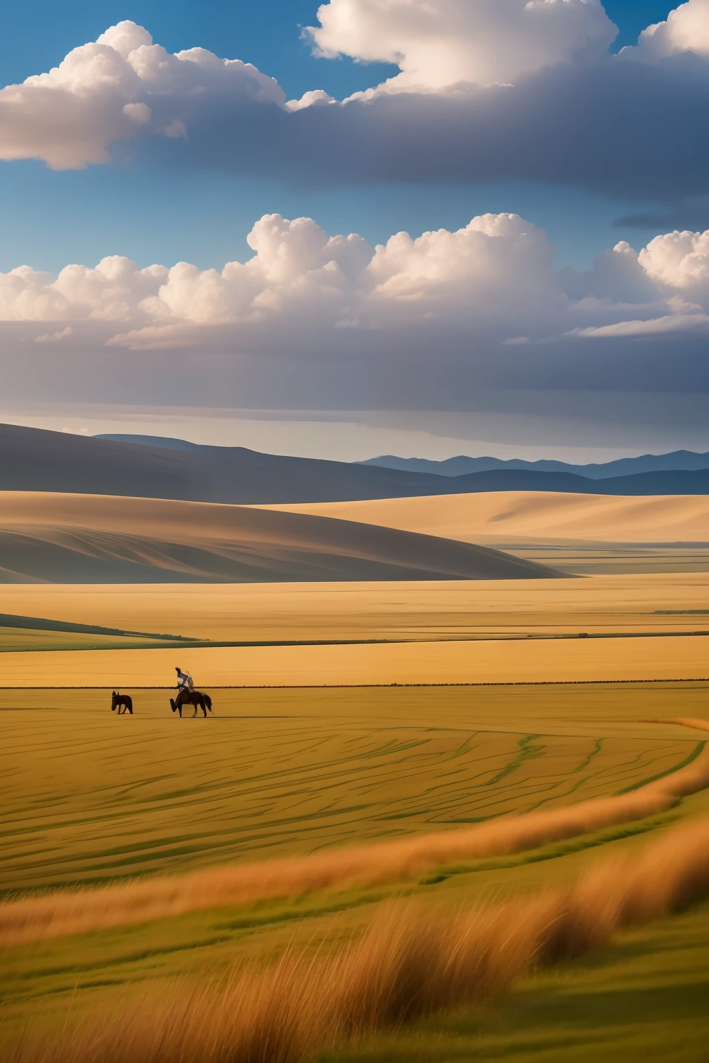 Scenery,On the steppe,Hills in the distance,Multi-layered cloud,flock,Graze leisurely,Curved river,The horse wrangler,Man on horseback,