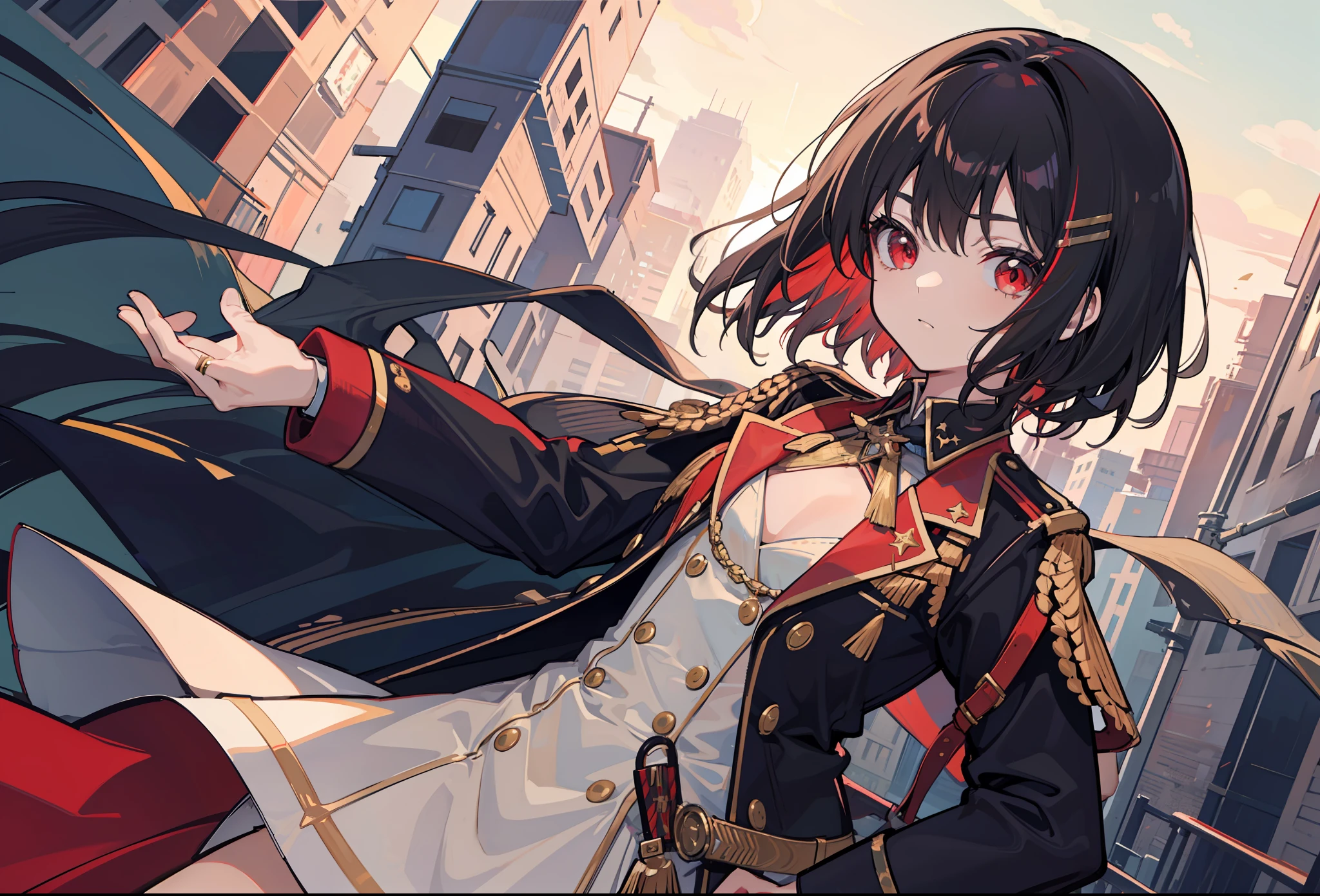 Short hair, Black hair, Flat chest, 1girll, Red eyes,teens girl,hair pin,Solo, A high resolution,(Prussian military uniform)