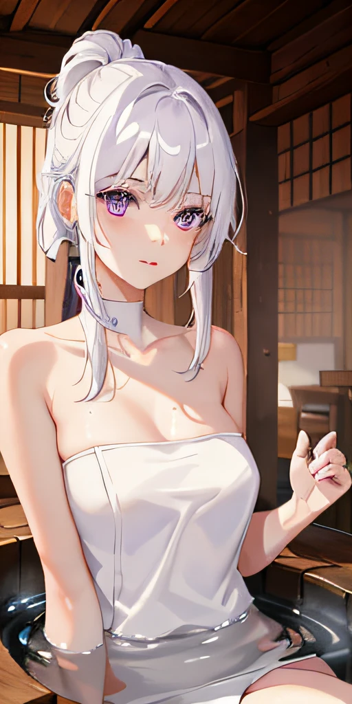 1girl, White hair, Purple eye, sportrait, photorealestic, Towels, (onsen), sidelighting, wallpaper, nsfw, After sex