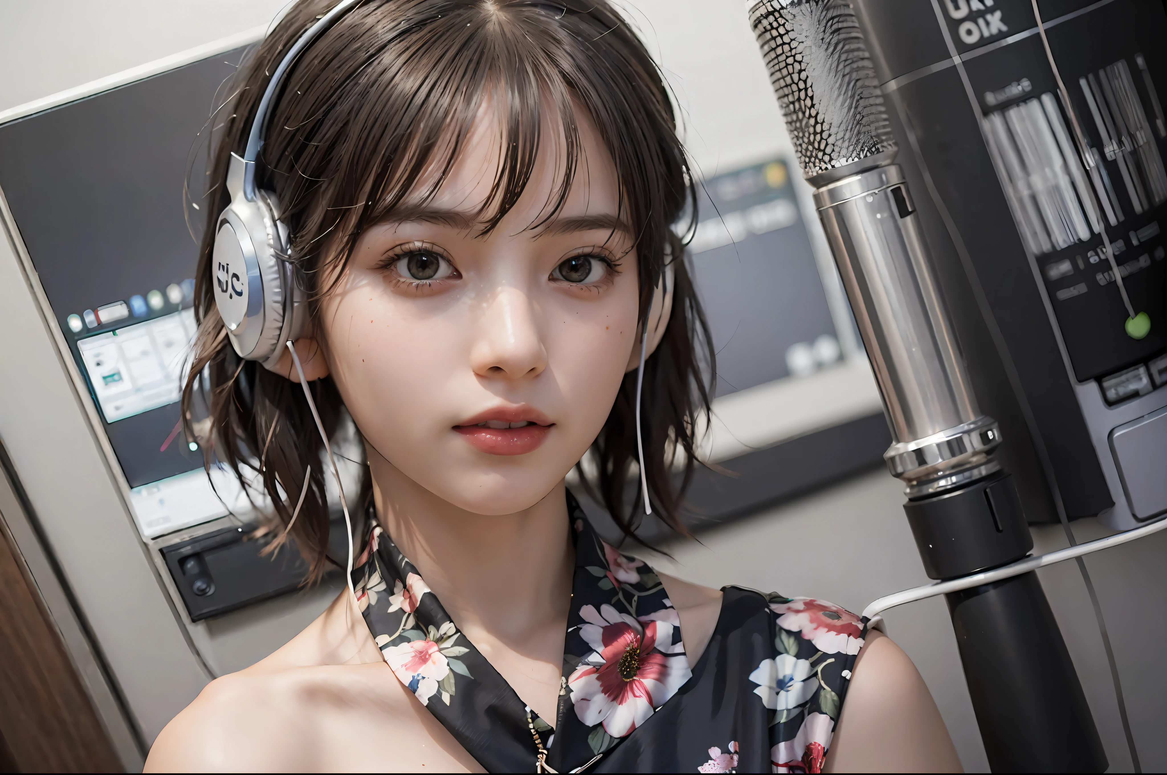 Best Quality, masutepiece, (Photorealistic:2), Ultra High Resolution, Highly detailed, A hyper-realistic, 1girl in, ((head phone)), (Longer dress), Floral pattern, colourfull_hair、(((very_Short_hair))), Short hair, Slim body, Full Shot, Looking at Viewer, ((Music Studio)),  Bright atmosphere, spot light, Detailed background