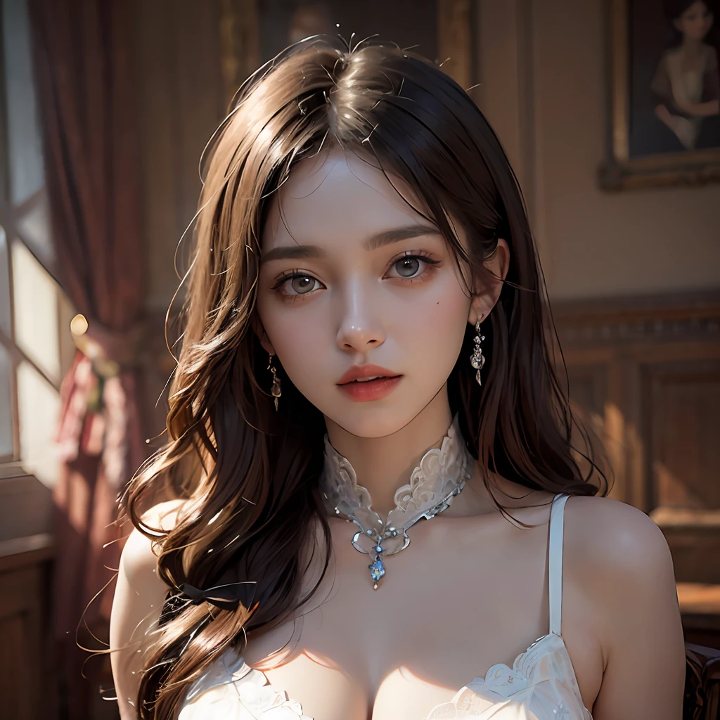 frontage，head portrait，Surrealist portraits of women by David Hockney and Alphonse Mucha，Fantasyart，photographrealistic，动态照明，art  stations，poster for，Volumetriclighting，Very detailed faces，4 k''，Award-Awarded， 1girll，long whitr hair，formal outfit，Pure cotton，Adjustable waist，Change the curve of the waist。The skirt is characterized by smooth lines，The hem design is minimalist，Create high-end elegance，fanciful， rendering by octane， hdr， Dolby Vision， （Complicated details， ultra - detailed：1.2）， （Natural skin texture， ultra-realistic realism， the soft light：1.2）， Sharp focus， Huge breasts， looking at viewert， Best quality at best， Perfect body，