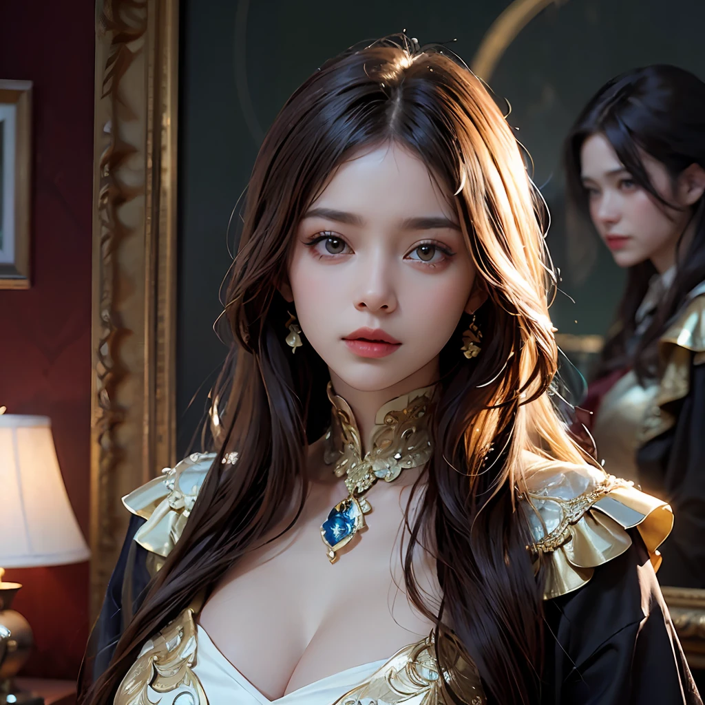 frontage,head portrait,Surrealist portraits of women by David Hockney and Alphonse Mucha,Fantasyart,photographrealistic,动态照明,art stations,poster for,Volumetriclighting,Very detailed faces,4 k'',Award-Awarded, 1girll,long whitr hair,formal outfit,Pure cotton,Adjustable waist,Change the curve of the waist。The skirt is characterized by smooth lines,The hem design is minimalist,Create high-end elegance,fanciful, rendering by octane, hdr, Dolby Vision, (Complicated details, ultra - detailed:1.2), (Natural skin texture, ultra-realistic realism, the soft light:1.2), Sharp focus, Huge breasts, looking at viewert, Best quality at best, Perfect body,