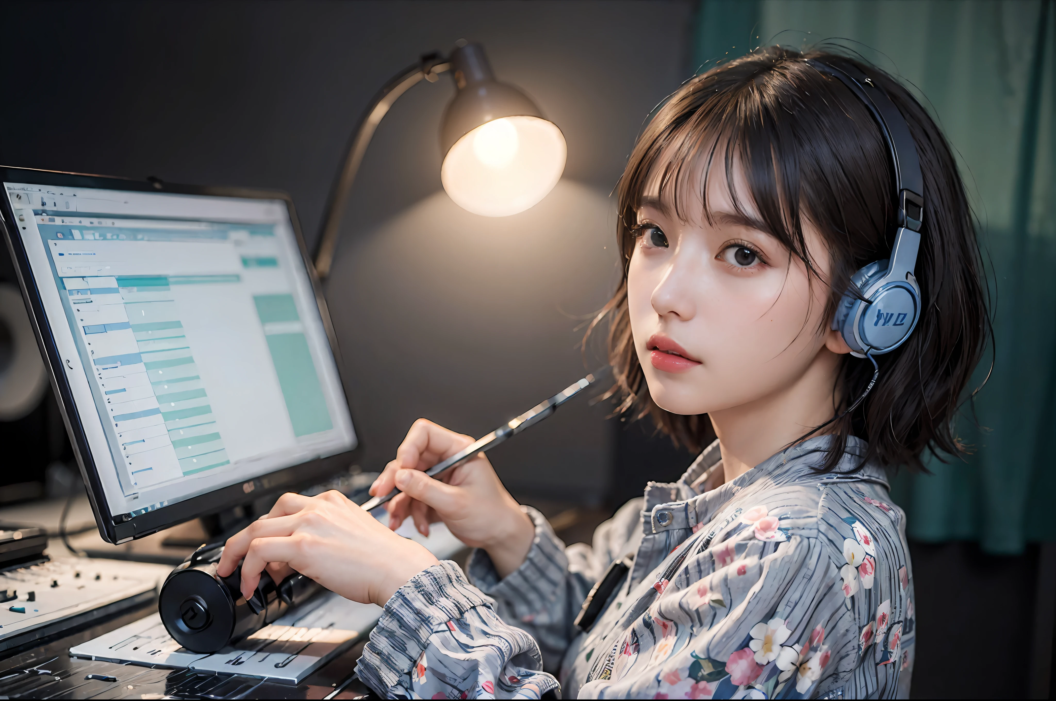 Best Quality, masutepiece, (Photorealistic:2), Ultra High Resolution, Highly detailed, A hyper-realistic, 1girl in, ((head phone)), (Longer dress), Floral pattern, colourfull_hair、(((very_Short_hair))), Short hair, Slim body, Full Shot, Looking at Viewer, ((Music Studio)),  Bright atmosphere, spot light, Detailed background