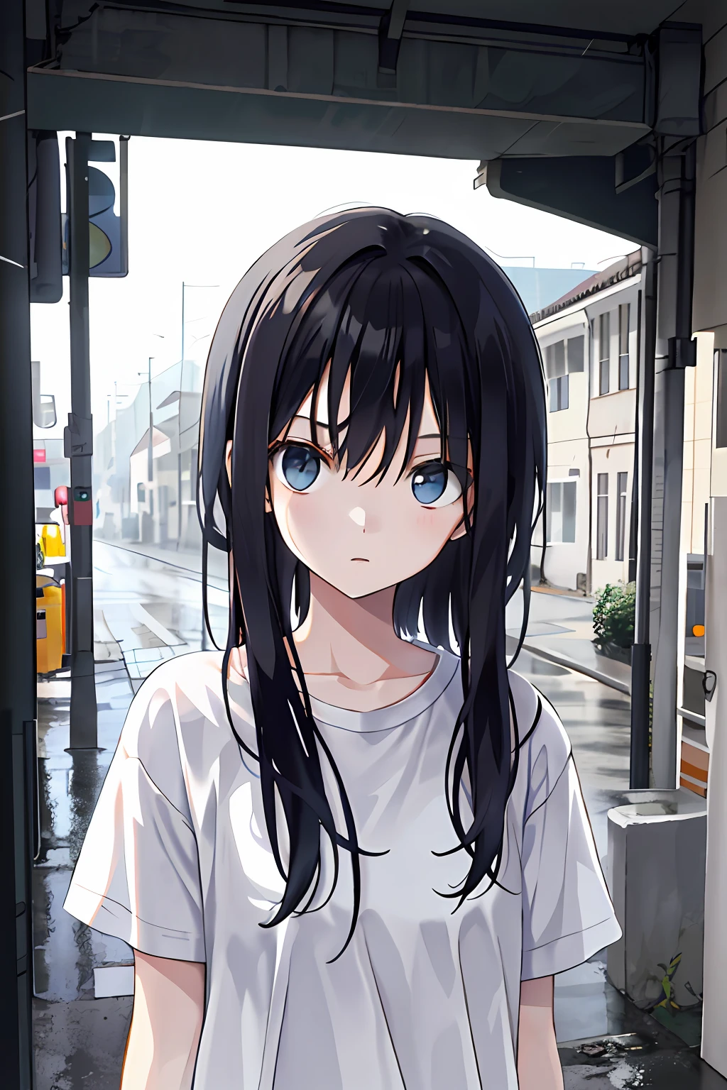 teens girl,clever,White T-shirt,The look sad,Wandering eyes,low head,little bit of raining,Younger sister,Brainwashed