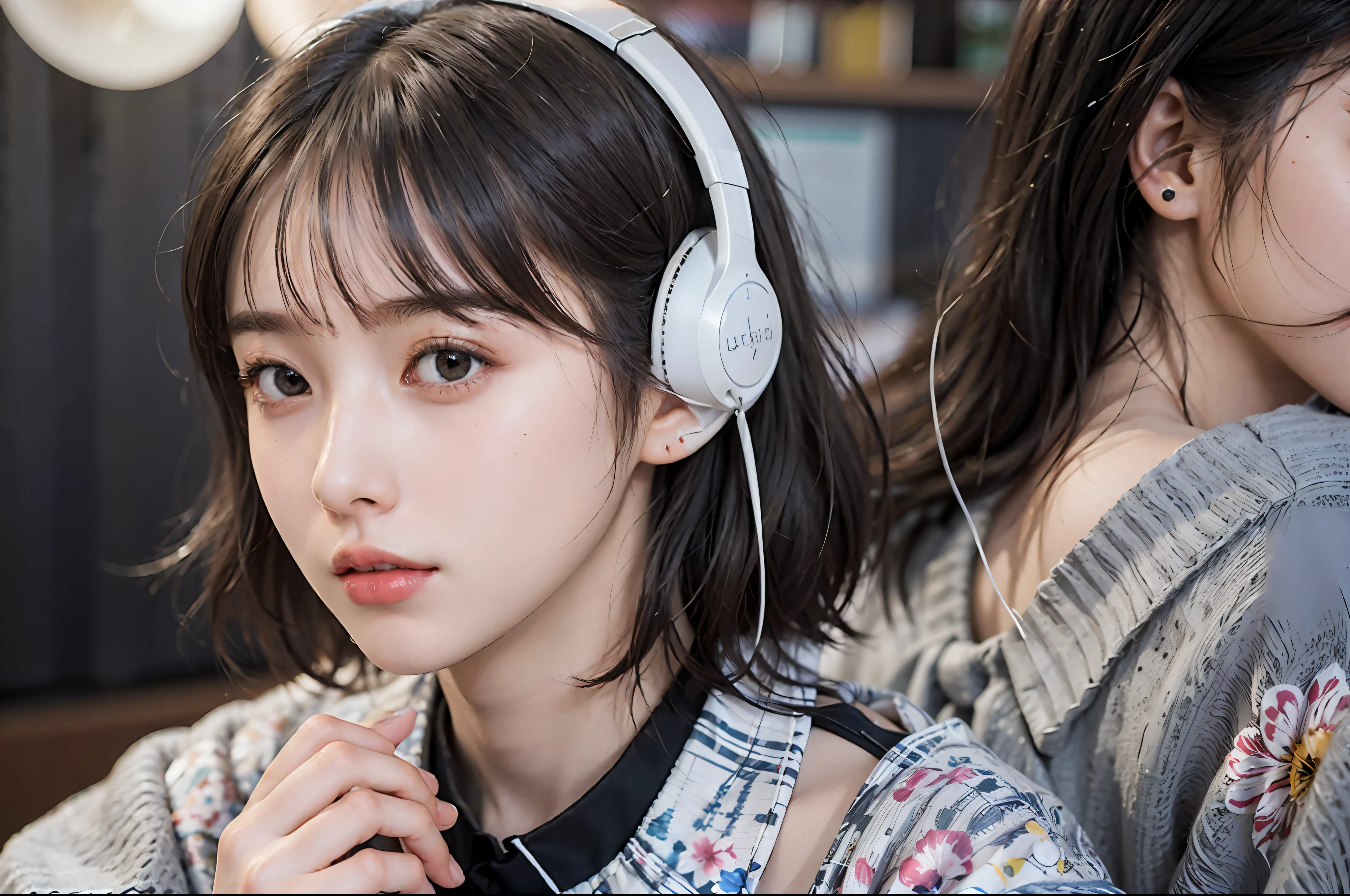 Best Quality, masutepiece, (Photorealistic:2), Ultra High Resolution, Highly detailed, A hyper-realistic, 1girl in, ((head phone)), (Longer dress), Floral pattern, colourfull_hair、(((very_Short_hair))), Short hair, Slim body, Full Shot, Looking at Viewer, ((Music Studio)),  Bright atmosphere, spot light, Detailed background