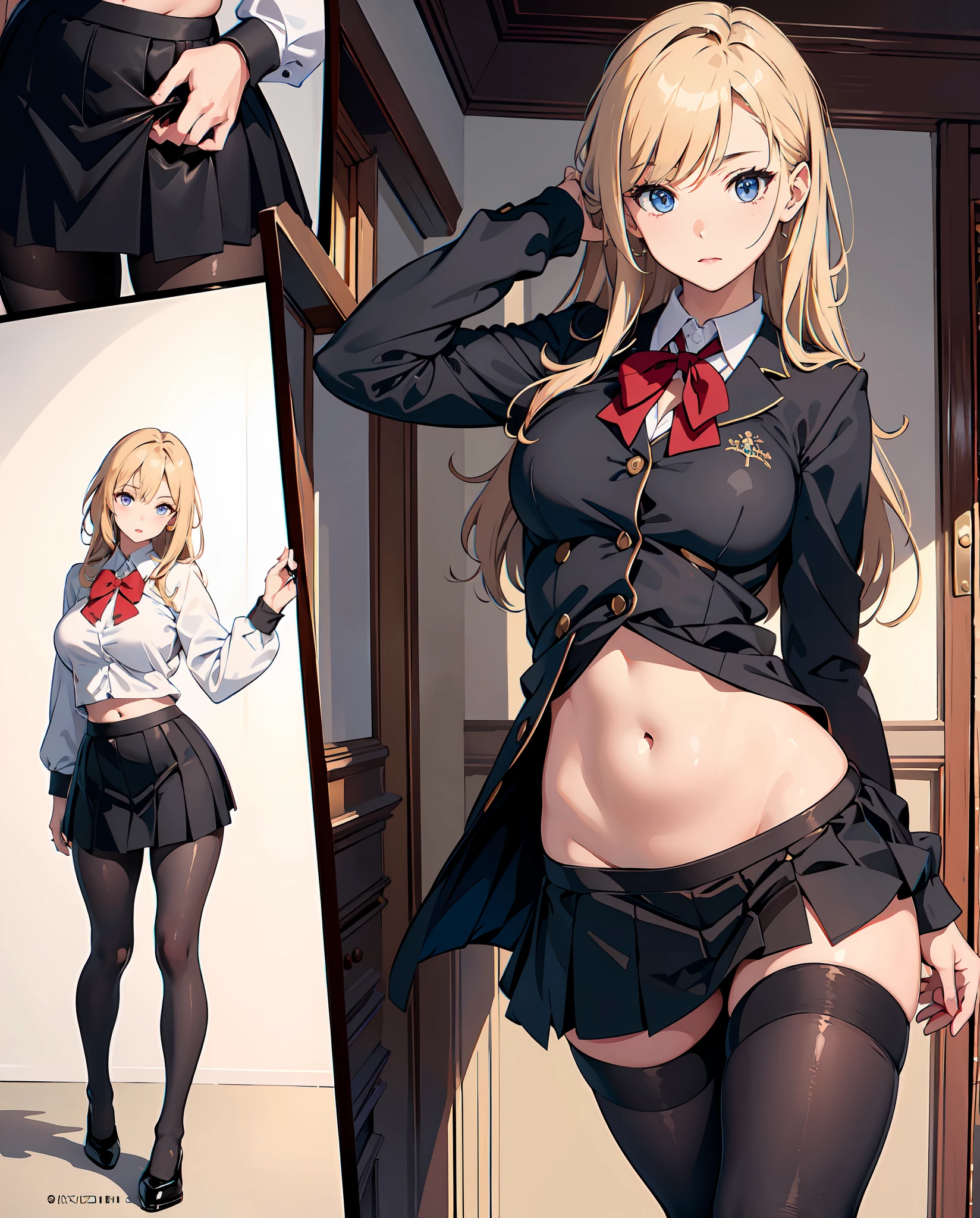 (masterpiece, best quality), beautiful girl, uniform skirt (detailed beautiful eyes) underwear, black pantyhose, full body shot, visible bellybutton