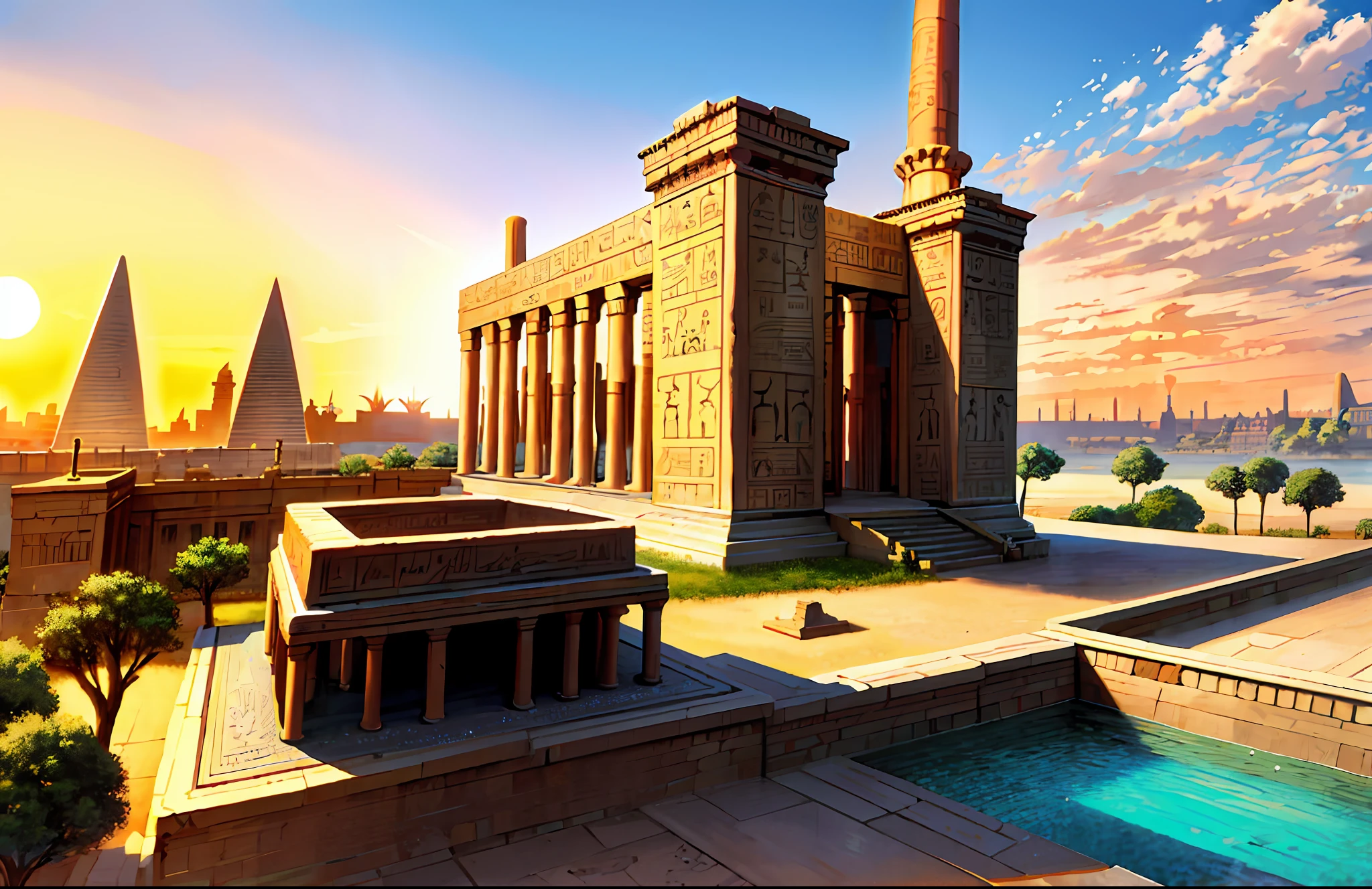 Magnificent ancient Egyptian-style temple，Ancient Egyptian palace，Ancient Egyptian temples，wide wide shot，Nile River，setting sun，epic sense，Sense of grandeur