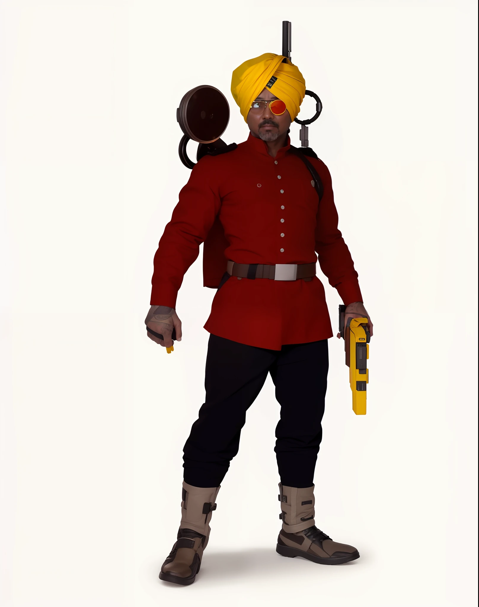 Um homem, He's wearing a yellow turban, and he has a bionic eye, holding a yellow pistol in one hand , he is holding a gun, as real as possible, alto detalhes, intrincado, Ultra realista,8k