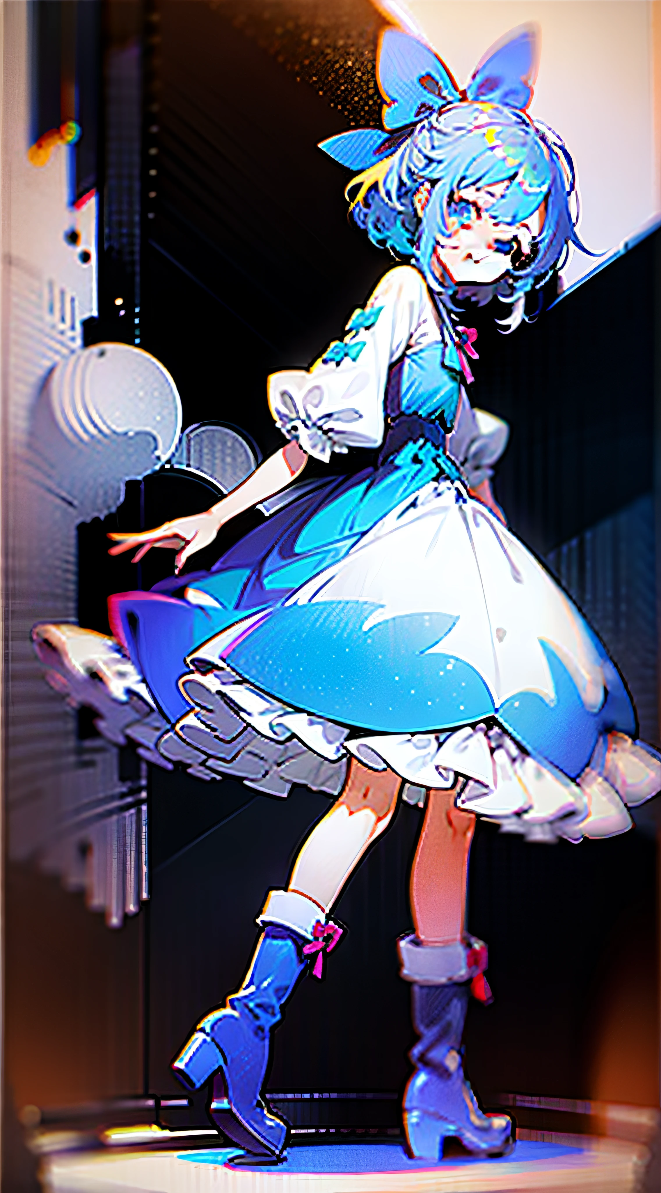 With a height of 110cm, she is dressed in a white clean dress, boots, blue hair, and the image of an innocent and cute young girl.