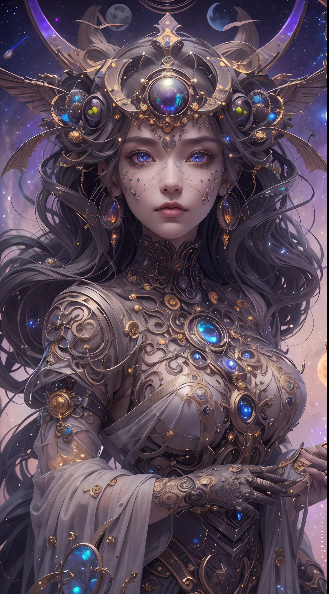 （best qualtiy，ultra - detailed，Most Best Illustration，Best shadow，tmasterpiece，A high resolution，professionalartwork，famousartwork），Detailed eyes，beautidful eyes，closeup cleavage，sci-fy，colored sclera，Robot eyes，face markings，Tattooed with，（fractalized，Fractal eyes），largeeyes，Wide eyes，（Eye focus），sface focus，Cosmic eyes，Space eyes，Close-up of metal sculpture of a woman with a moon in her hair，goddes。extremly high detail，3 d goddess portrait，Extremely detailed footage of the goddess，a stunning portrait of a goddess，Side image of the goddess，portrait of a beautiful goddess，Full body close-up portrait of the goddess，hecate goddess，portrait of a norse moon goddess，goddess of space and time