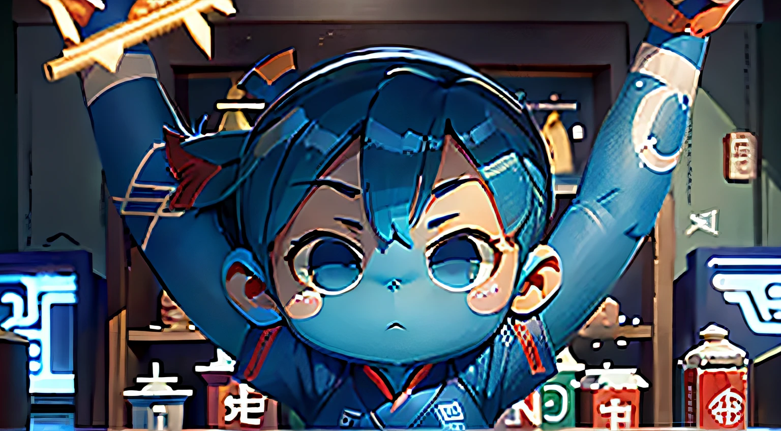 a close up of a blue arrow with the words mannequin bar, nanquan, mannequin, by Kanbun Master, changquan, bar background, mu pan, guangjian, bar, background bar, local bar, 王琛, olia, logo, logo, manhwa, ( evangelion ), image, screensaver, handgun, mingchen shen