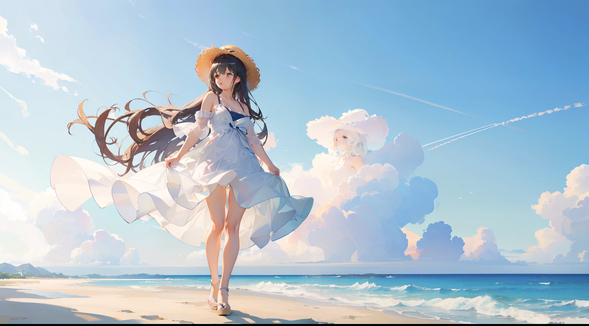 ((As high image quality、Drawn in 8K resolution)a beauty girl、((In the background in the distance)There are clouds floating in the air.、She(Wearing a white dress and straw hat)Staring into the distance)、Seaside scenery in summer Japan、((In a swimsuit)Standing on the beach)。)