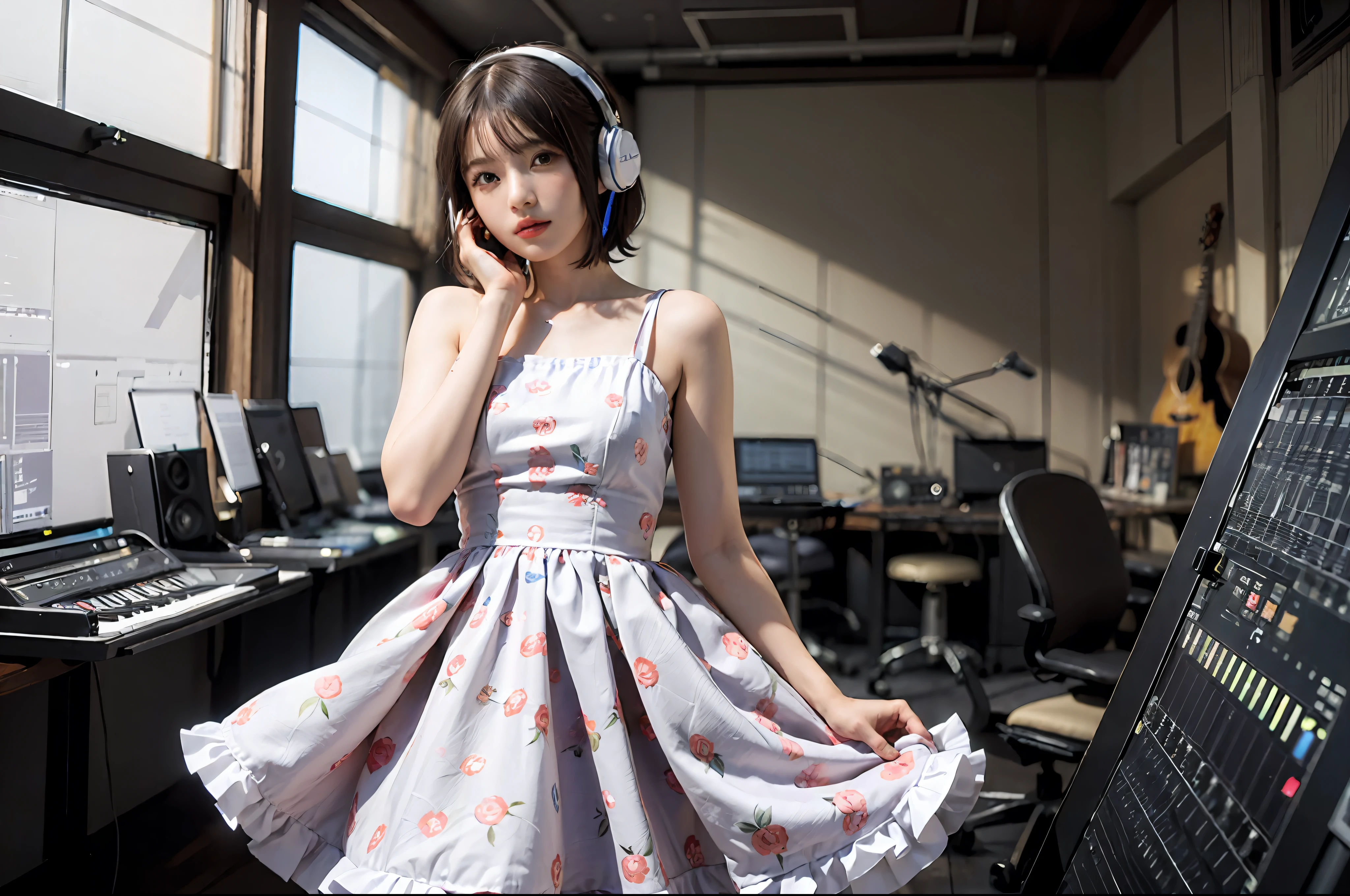 Best Quality, masutepiece, (Photorealistic:2), Ultra High Resolution, Highly detailed, A hyper-realistic, 1girl in, ((head phone)), (Longer dress), Floral pattern, colourfull_hair、(((very_Short_hair))), Short hair, Slim body, Full Shot, Looking at Viewer, ((Music Studio)), Bright atmosphere, spot light, Detailed background