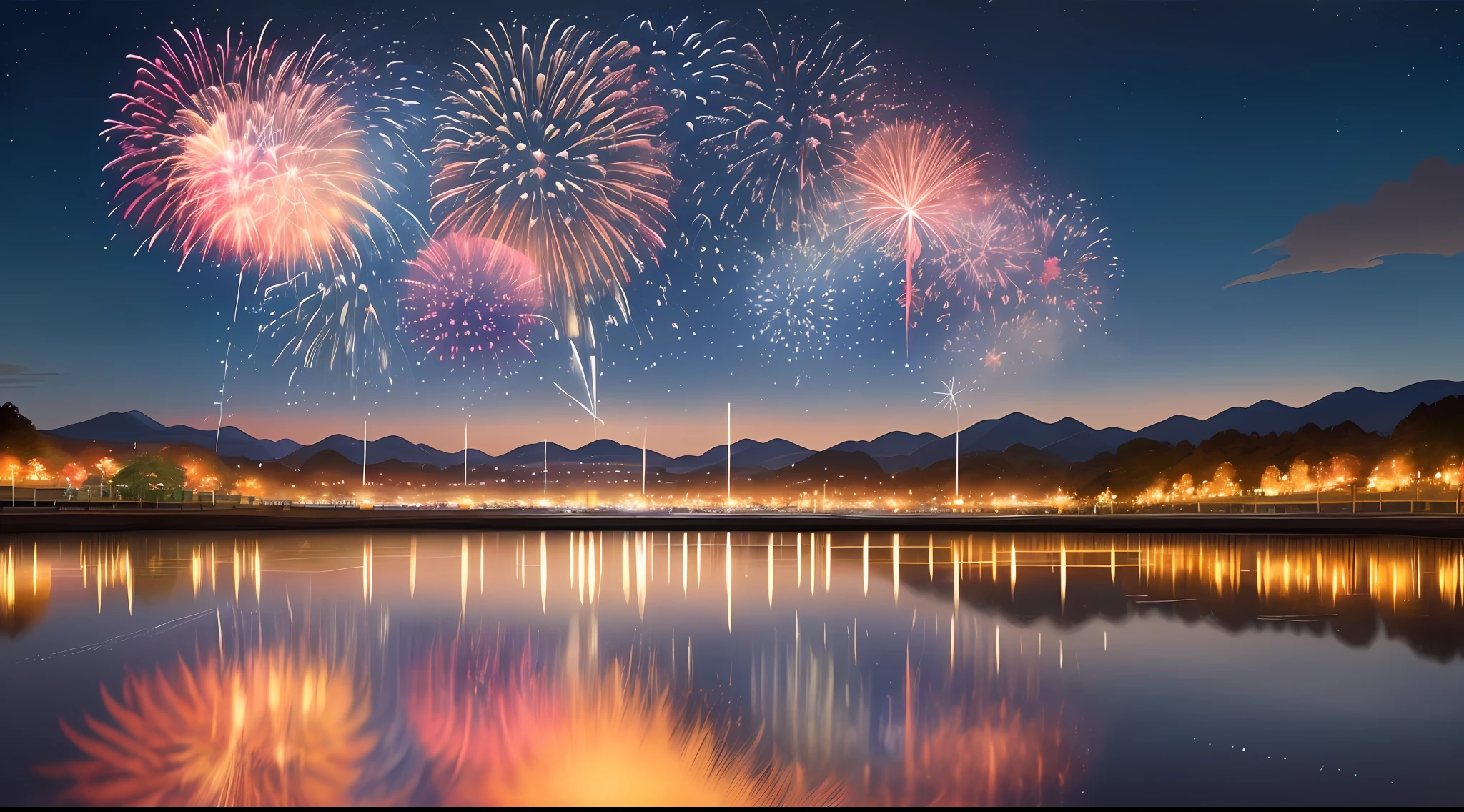 with a realistic、Be authentic、beautifly、Fireworks in the night sky Continuous fireworks、Amazing landscape oil painting in Japan、plains skyrocket、Fireworks Up、Gimmick Fireworks、Studio Ghibli --v6