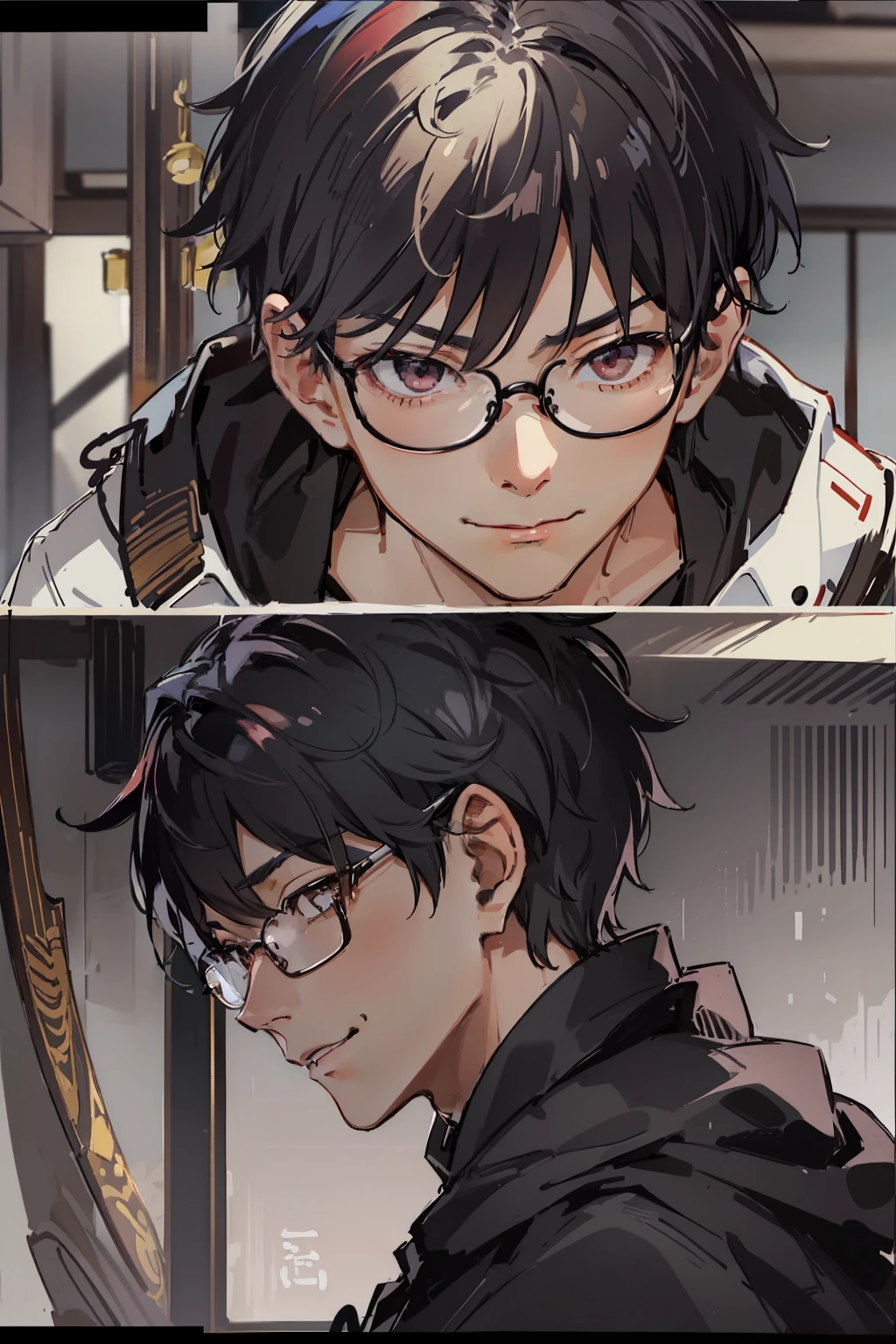A japanese man with short, black hair. He has dark eyes, and wears a black cloak with a white-button up shirt underneath. He has a sharp jawline and a smile. He has black-framed glasses.