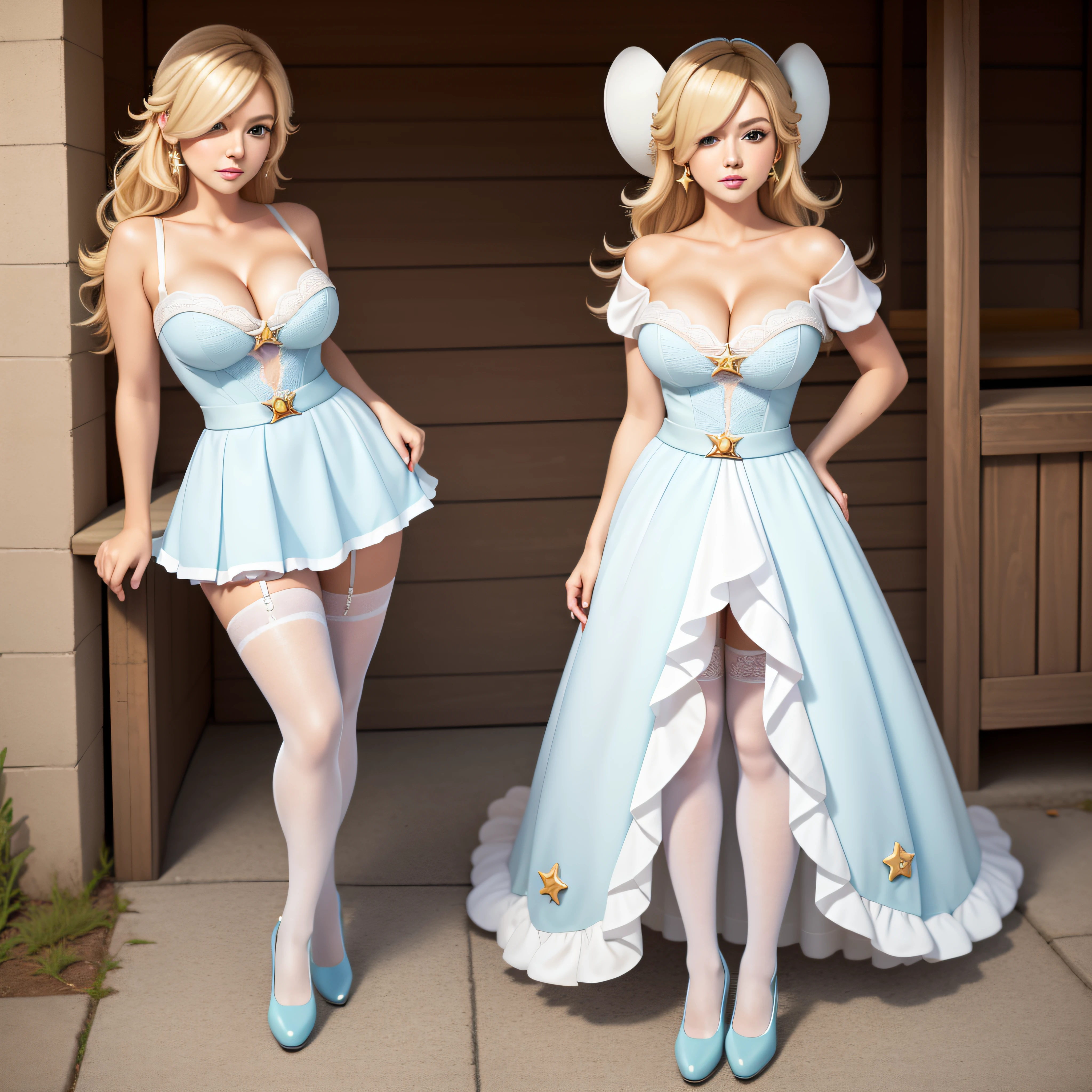 STICKER Princess Rosalina, cowboy shot, full body portrait, best quality, masterpiece, highres:1.3, solid outline:1.2, absurdres, women full view, large breasts, blush, blonde hair, full body portrait, no background, perfect face, detailed face, bangs, perfect body, beautiful eyes, pretty face, bright skin, idol, cleavage, white stockings, unbutton top, panties, shoes visible,