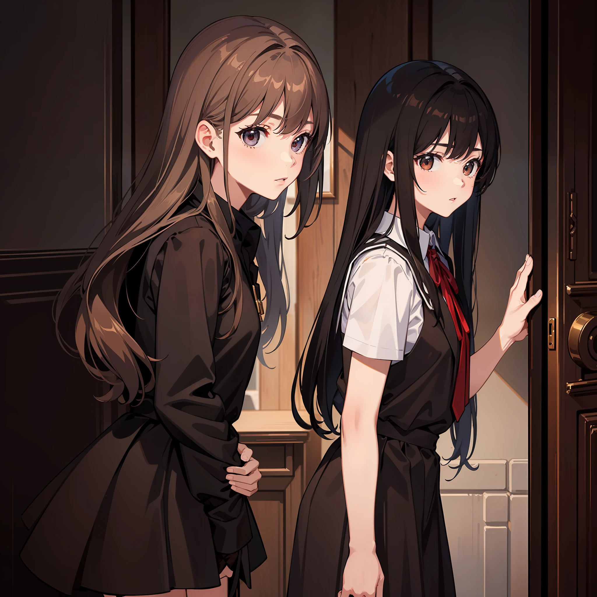 Masterpiece, Best quality, A high resolution, A high school girl has long hair,Chocolate colored hair,Wearing a black vest,Brown coat,Short brown skirt,The background is the wilderness