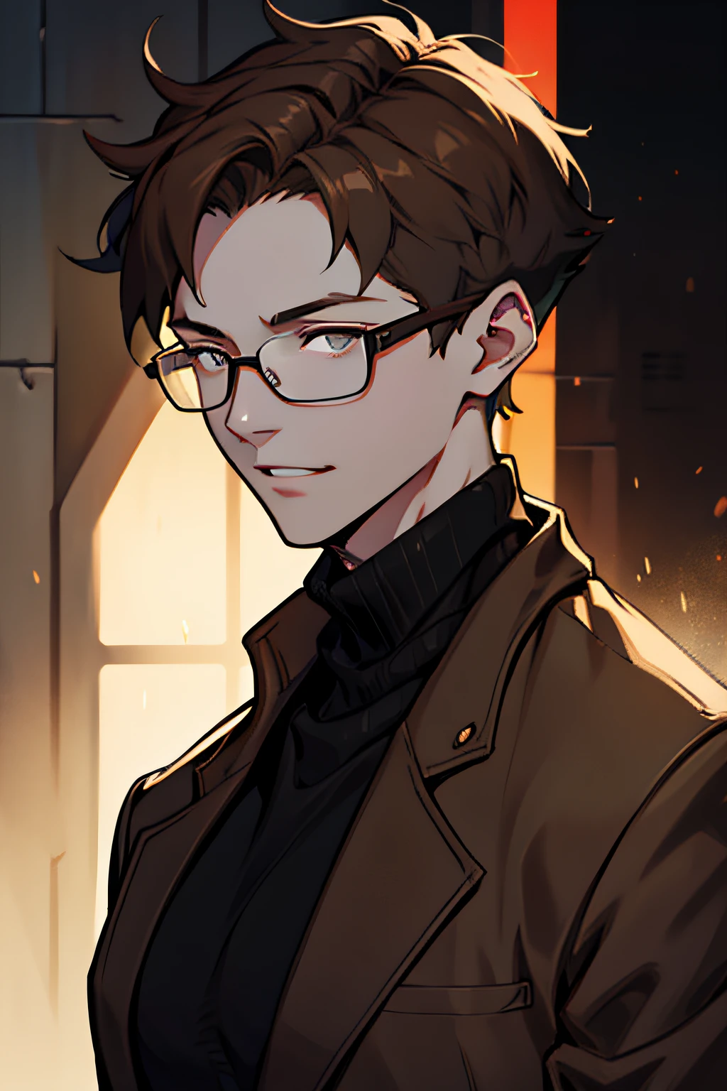 ember，Short hair to the neck，brown  hair，Squint，Wear black round-rimmed glasses，Beige turtleneck sweater，Brown loose coat，laughingly，There is a mole under the left eye。