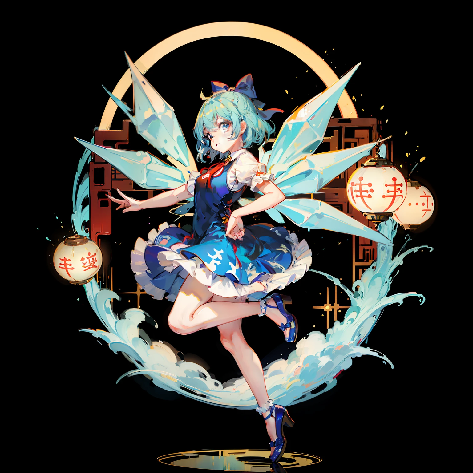 Young woman cheongsam illustration, masutepiece, Fine details, 4K, 8K, 12K, Solo, 1 person, Beautiful Girl, caucasian female, 8 , Cirno, Light blue hair, Short hair, Black cheongsam、Deep slit in clothes