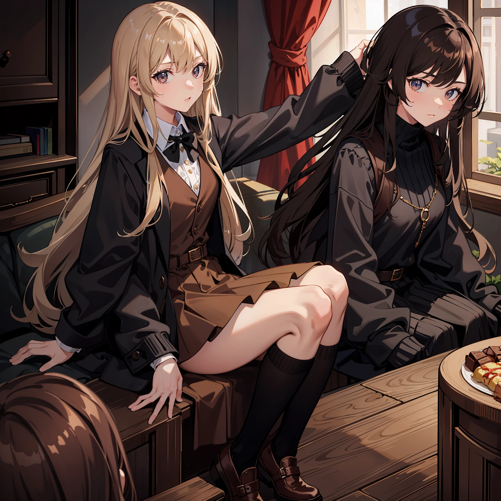 Masterpiece, Best quality, A high resolution, A high school girl has long hair，Chocolate colored hair，Wearing a black vest，Brown coat，Short brown skirt，The background is the wilderness