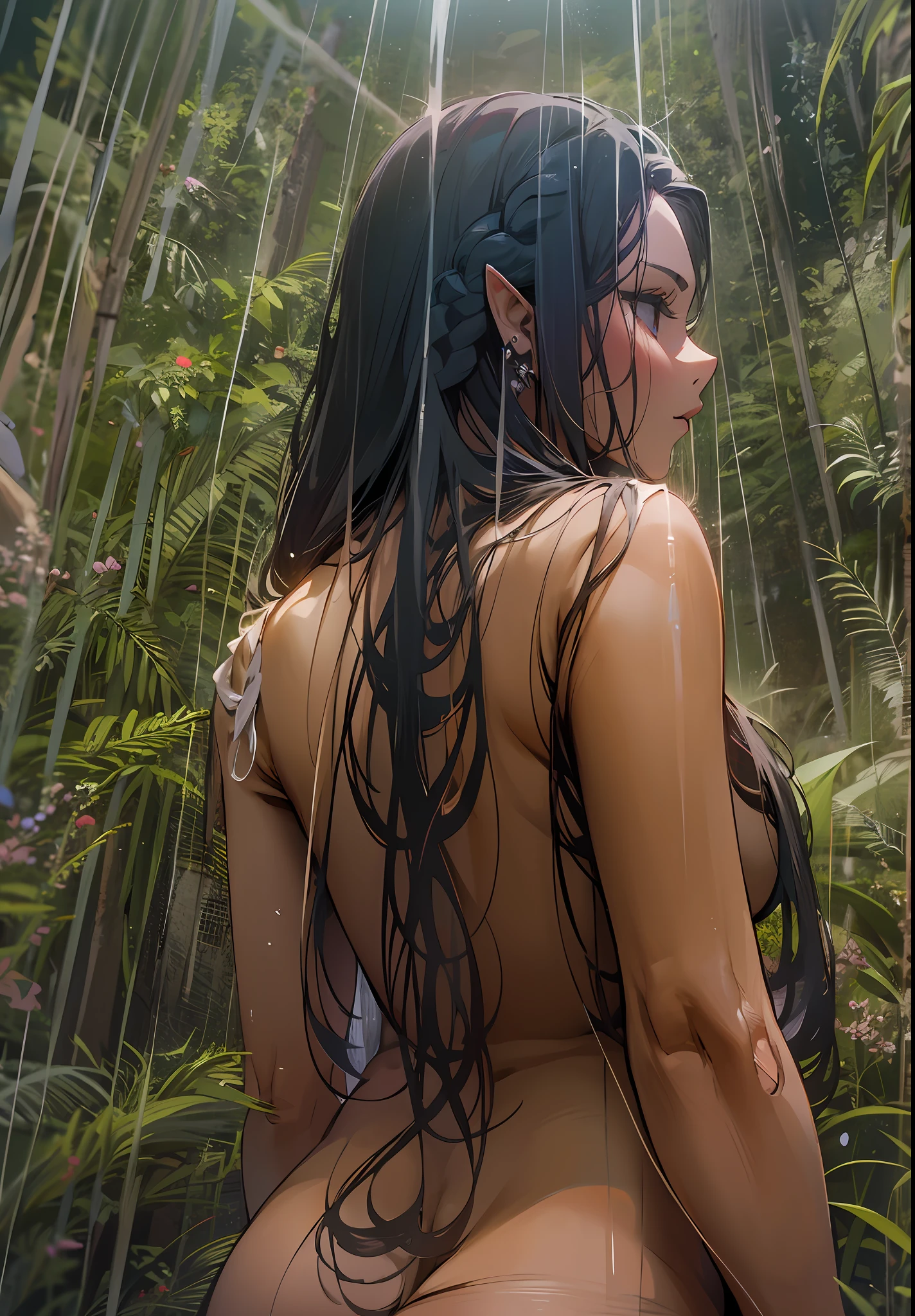 There's an elf (Arshes No de Bastard) elfa adulta de 30 anos nua, sem roupa, Morena, marrom (Peta Jensen), (Camgirl), (onlyfans) posando nua, totally naked in a ruin scene for the ancients, Ancestral ruins, covered by vegetation and vineyards, realistic vegetation, Aztec Ancient Ruins, cinematic natural light, chuva leve caindo, leves pingos de chuva, dust particles in light, dust particles in the air, Bottom view, Viewing angle below, olhar de baixo para cima, olhando de baixo, close de baixo, MULHER SEXY, sensual, provocador, cabelos escuros, hair with a long braid over the chest, smaller braids tied to the head, |, olhar sexy, sensual, olhos verdes, branca, sarda no rosto, realista, boca entreaberta, sensualidade ao extremo, Seios enormes (Oppai), massive breasts, seios grandes soltos (Latina Jennifer Mendez adult video 1 8 years), seios arredondados, seios grandes (Angela White) com pintas, sardas, Fundo, sardas no peito, piercing na barriga, barriga sexy, barriga levemente marcada, Fofa, sexy :8, A partir de 8 K fosco, sexy look at the camera, pose atraente, seios explodindo, Breasts Visible, para amostra, descoberto, bicos duros, mamilos endurecidos, enrijecidos, Excitado, lascivo, provocador, corpo sexy, corpo molhado, water dripping down body, quadril largo, coxa grossa, Pose sexy, private parts on display, visible private parts, well visible, virilha e  detalhada, pelos pubianos escuros, levemente raspado,  maior e , corpo perfeito, corpo escultural, 4k], 4 mil ] realista, perfect  lighting, contraste perFeito, sombra,Bottom view, camera from below, realista, filtro escuro, profundidade, 4k